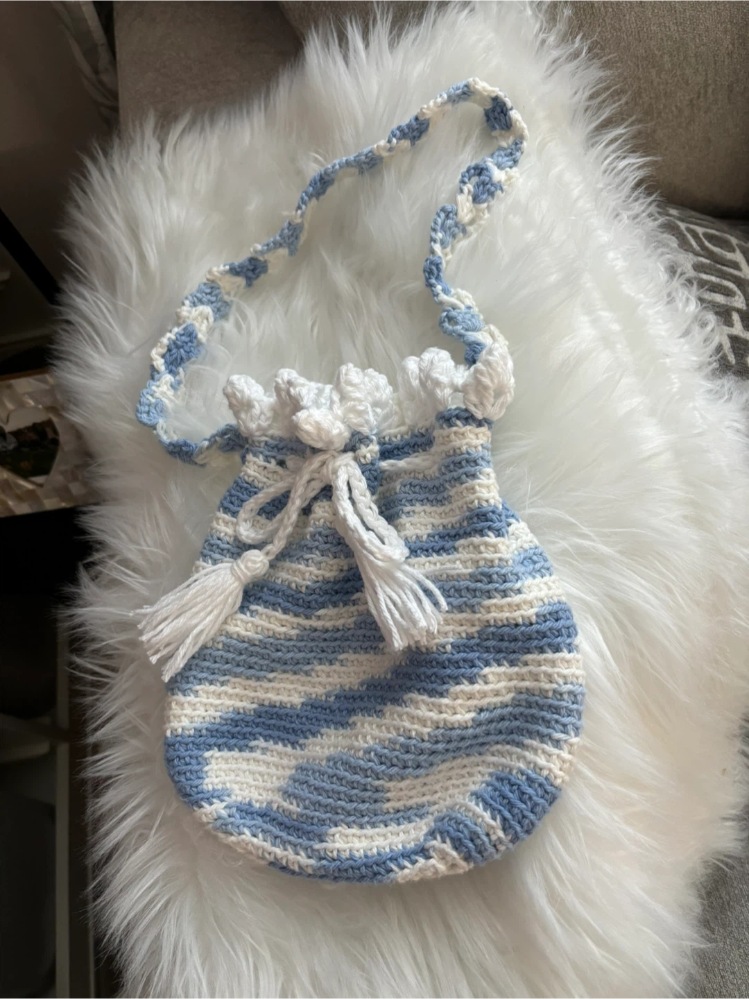 Handmade Crochet Drawstring Bag - Blue & White for girls
