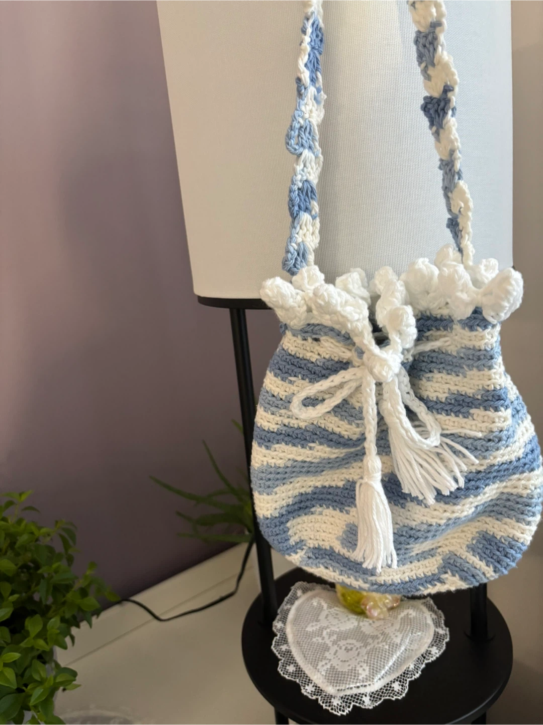 Handmade Crochet Drawstring Bag - Blue & White for girls - photo 2