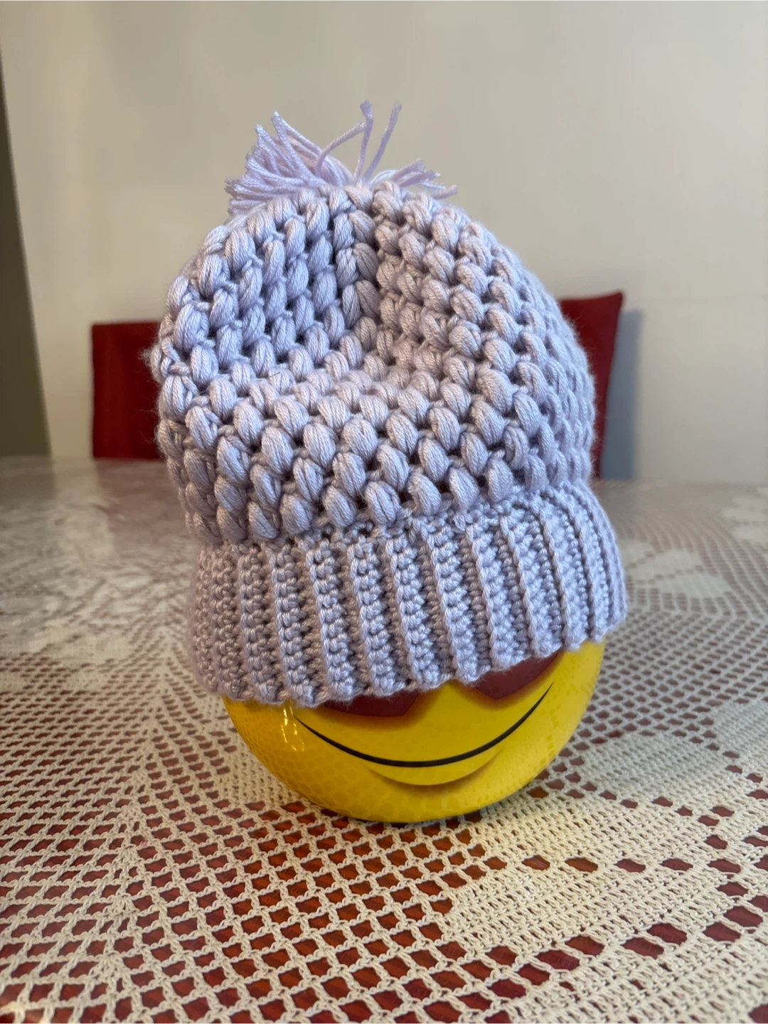 Handmade Knitted Pom Pom Beanie - purple for girls