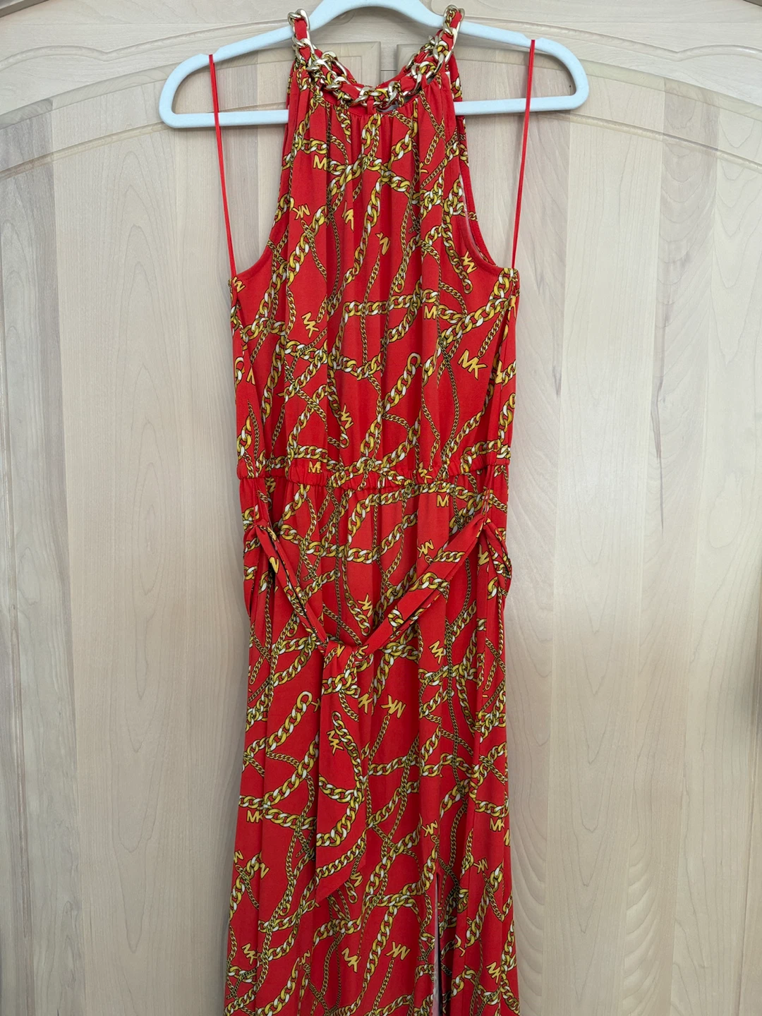 Michael Kors Red Chain Print Halter Dress - Size M