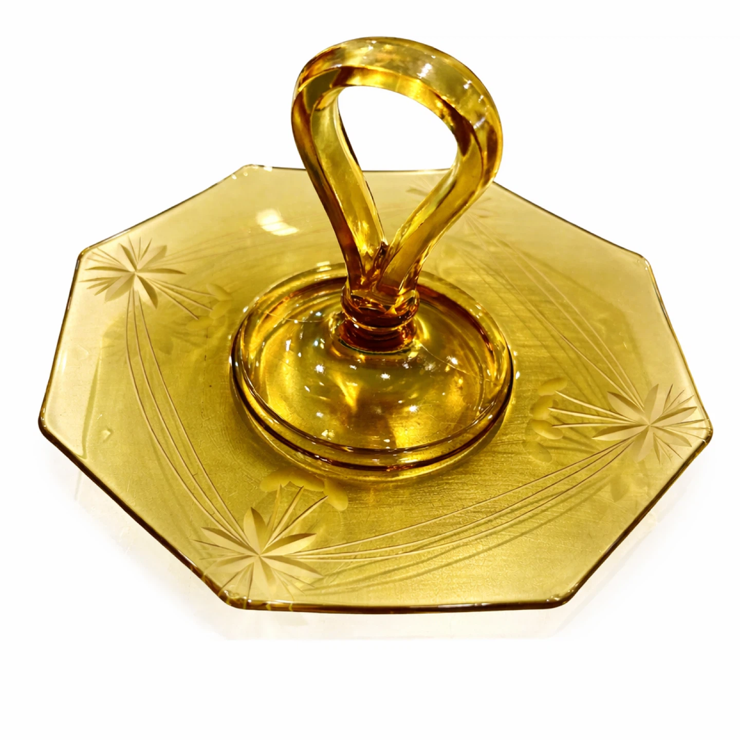 Art Deco Amber Depression Glass Octagon Tidbit Tray Handle - photo 2