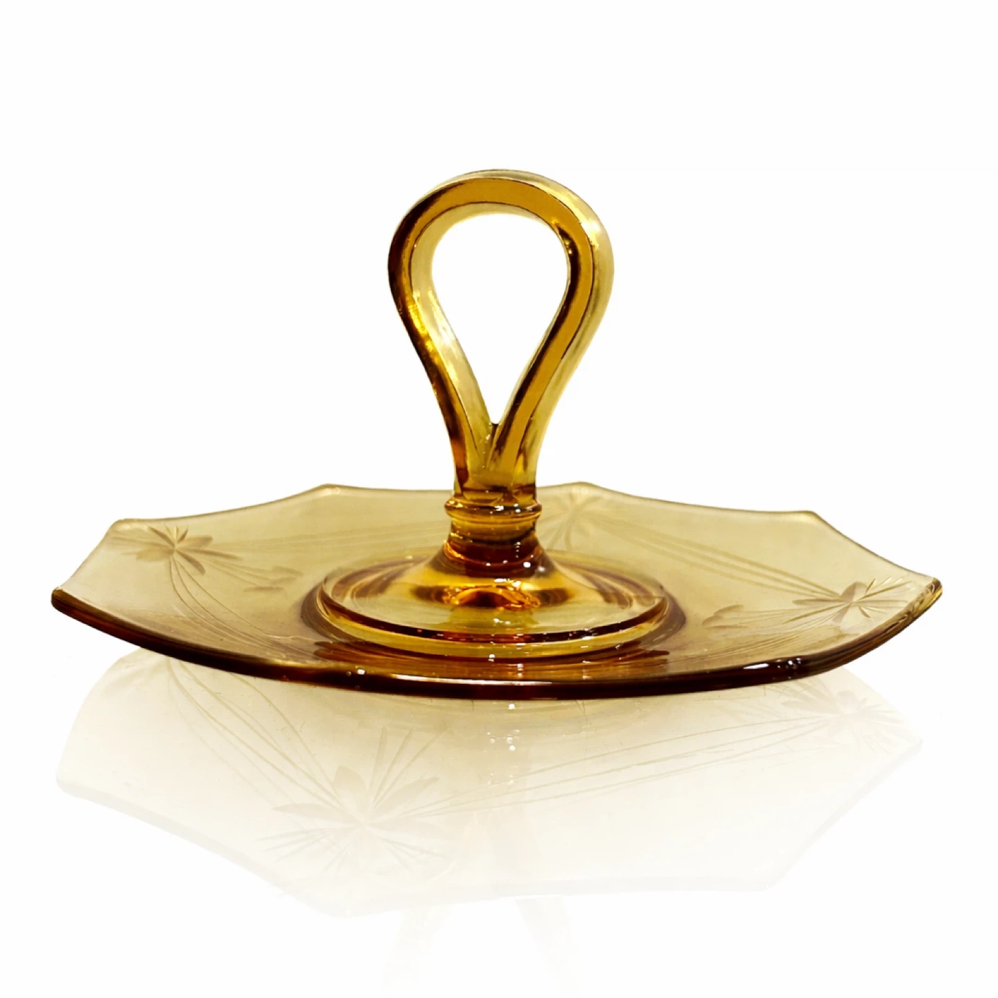 Art Deco Amber Depression Glass Octagon Tidbit Tray Handle - photo 3