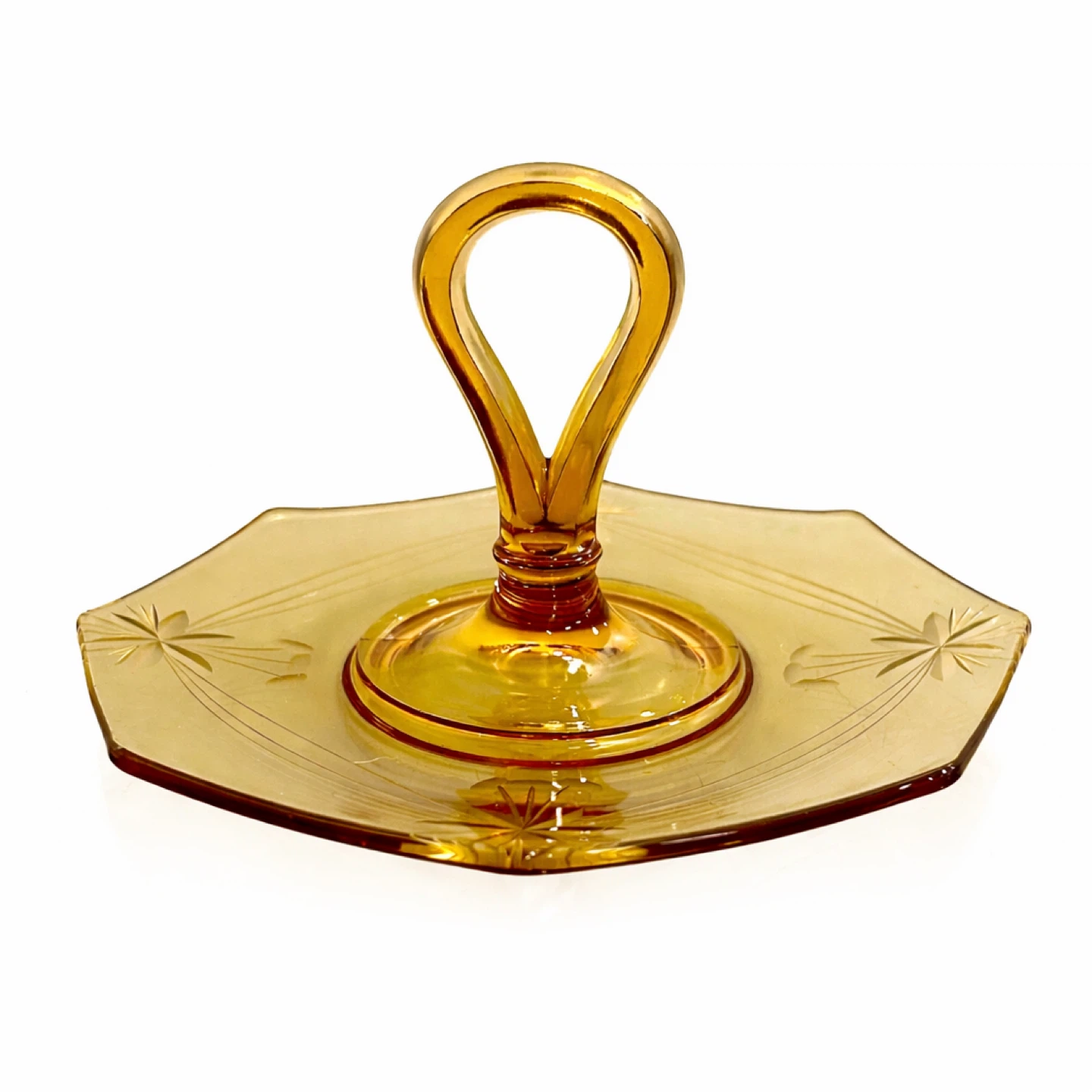 Art Deco Amber Depression Glass Octagon Tidbit Tray Handle