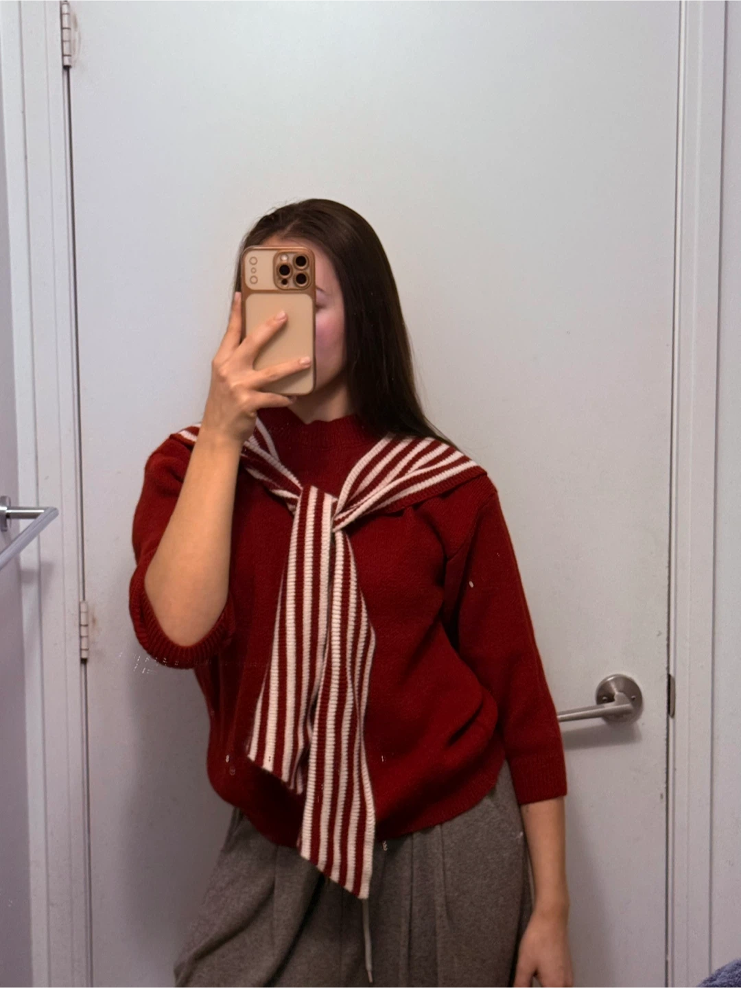 Deep Red Knit Sweater with Striped Scarf Detail - photo 2