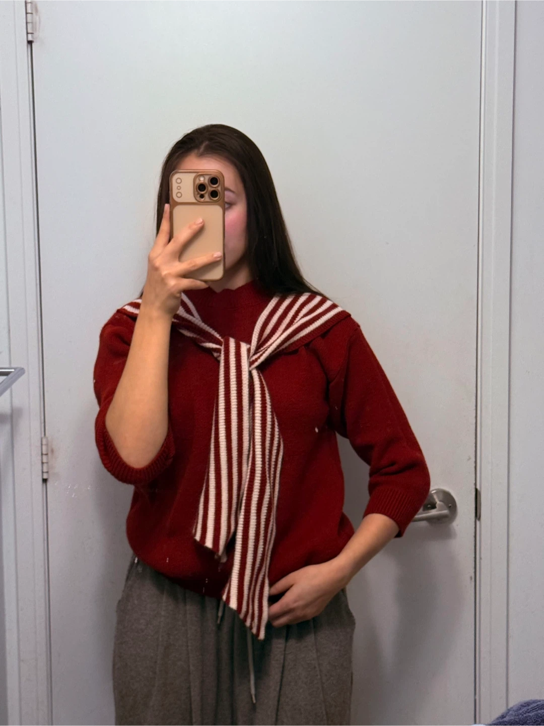 Deep Red Knit Sweater with Striped Scarf Detail