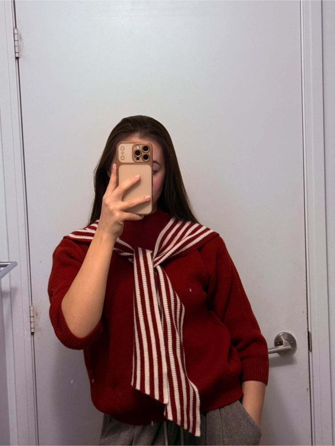 Deep Red Knit Sweater with Striped Scarf Detail - photo 4