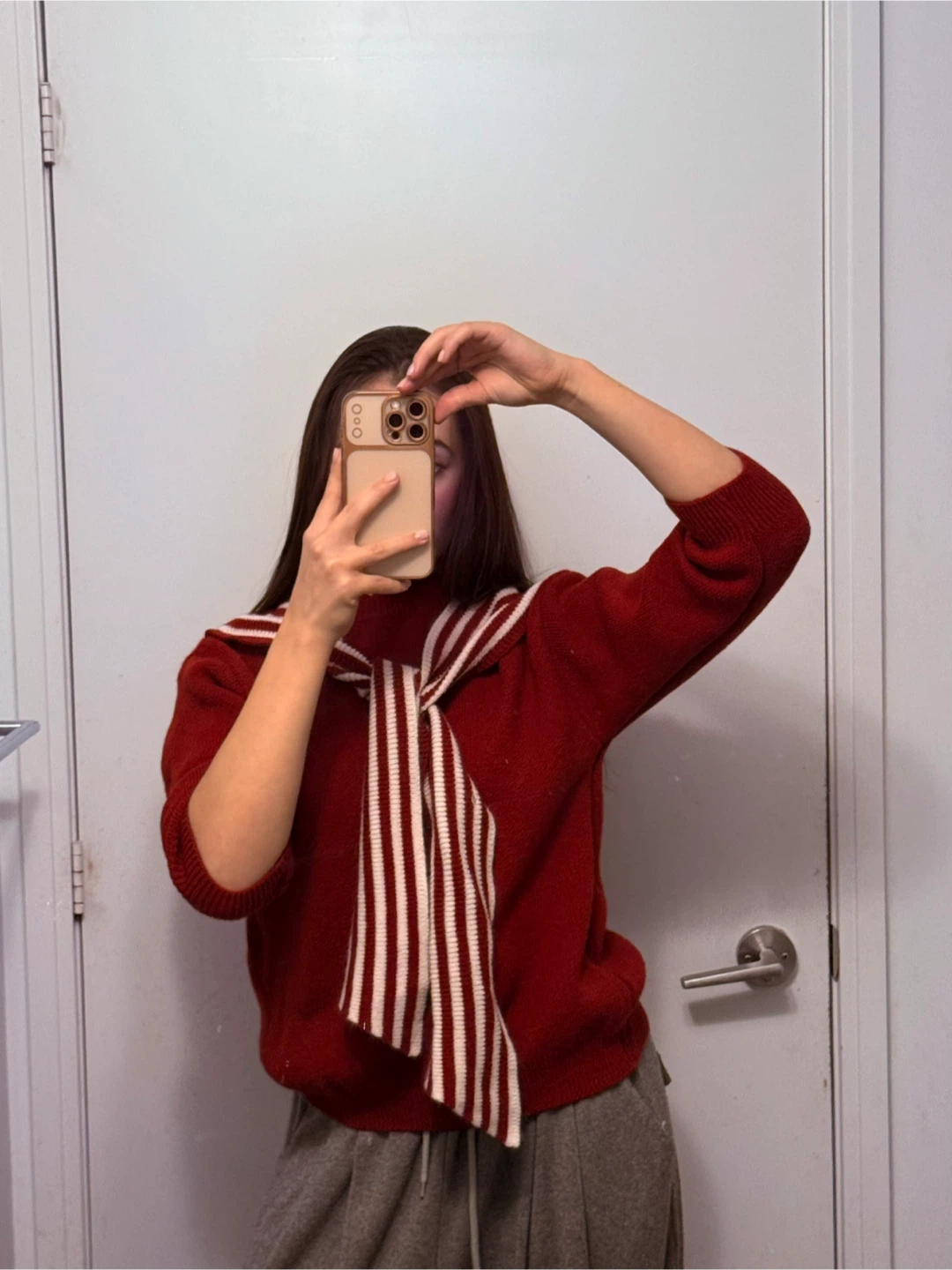 Deep Red Knit Sweater with Striped Scarf Detail - photo 3