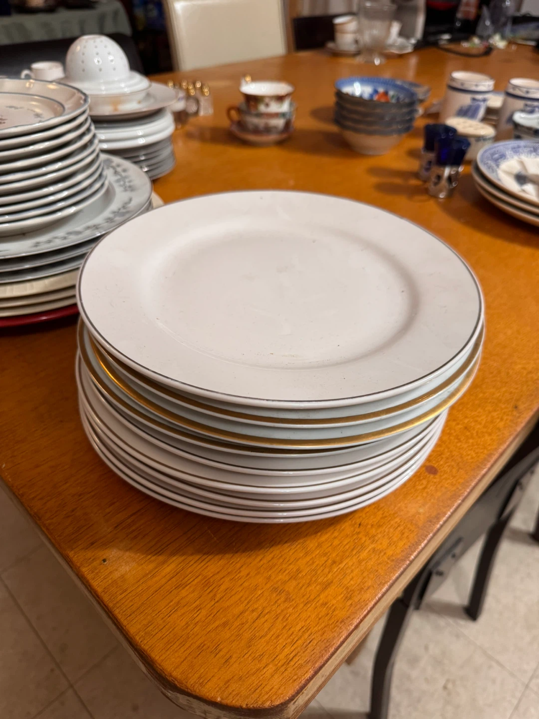 9 White/ Cream Dinner Plates with Gold Trim 🥕