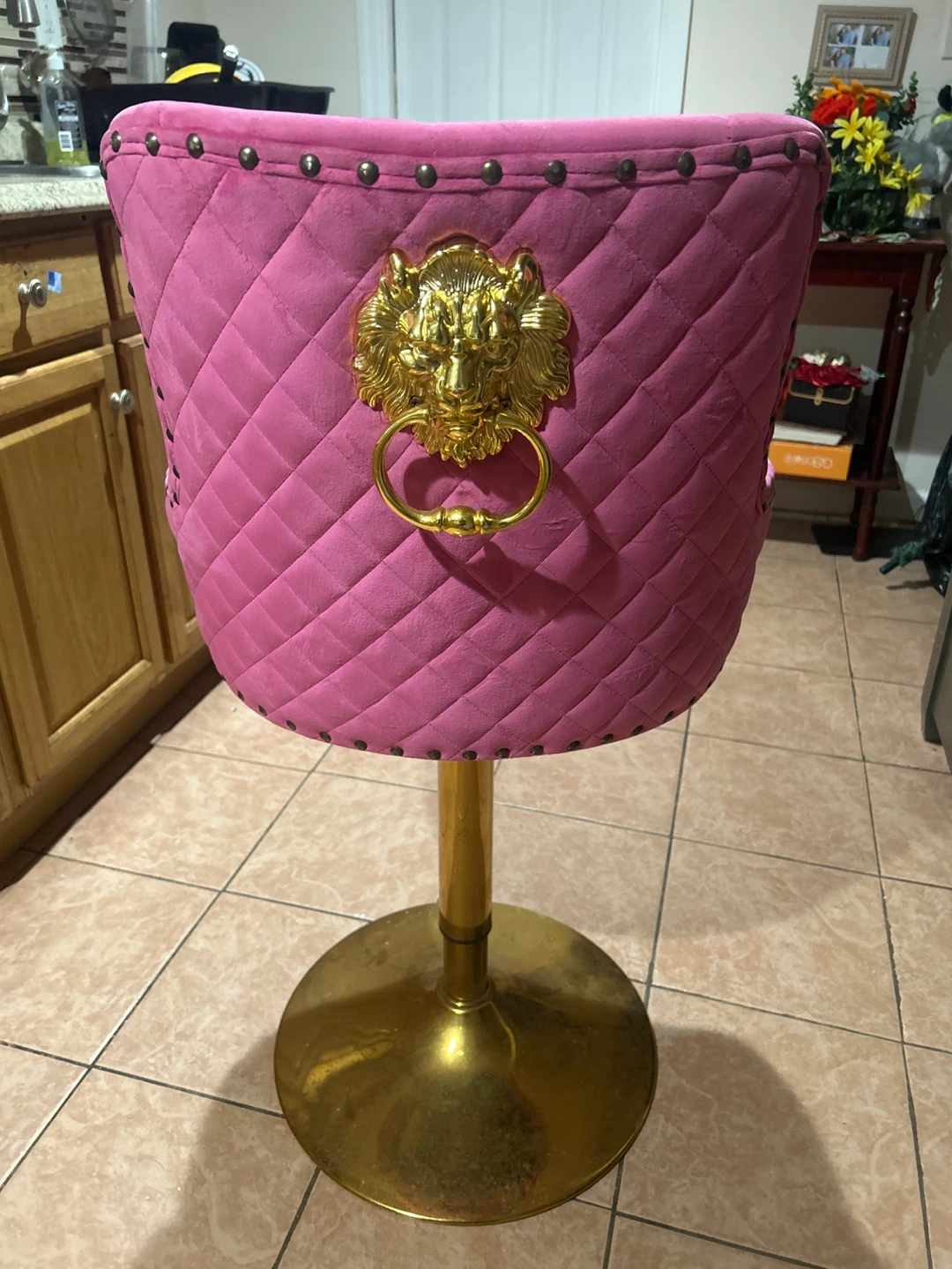 Pink Velvet Bar Stool with Gold Base - photo 2