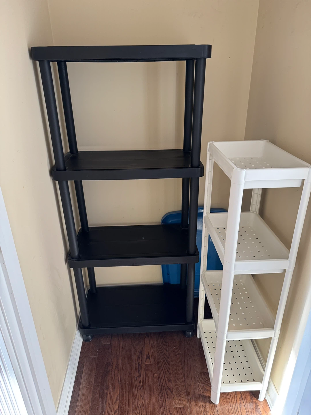 Black 4-Tier Plastic Shelf & white plastic shelf