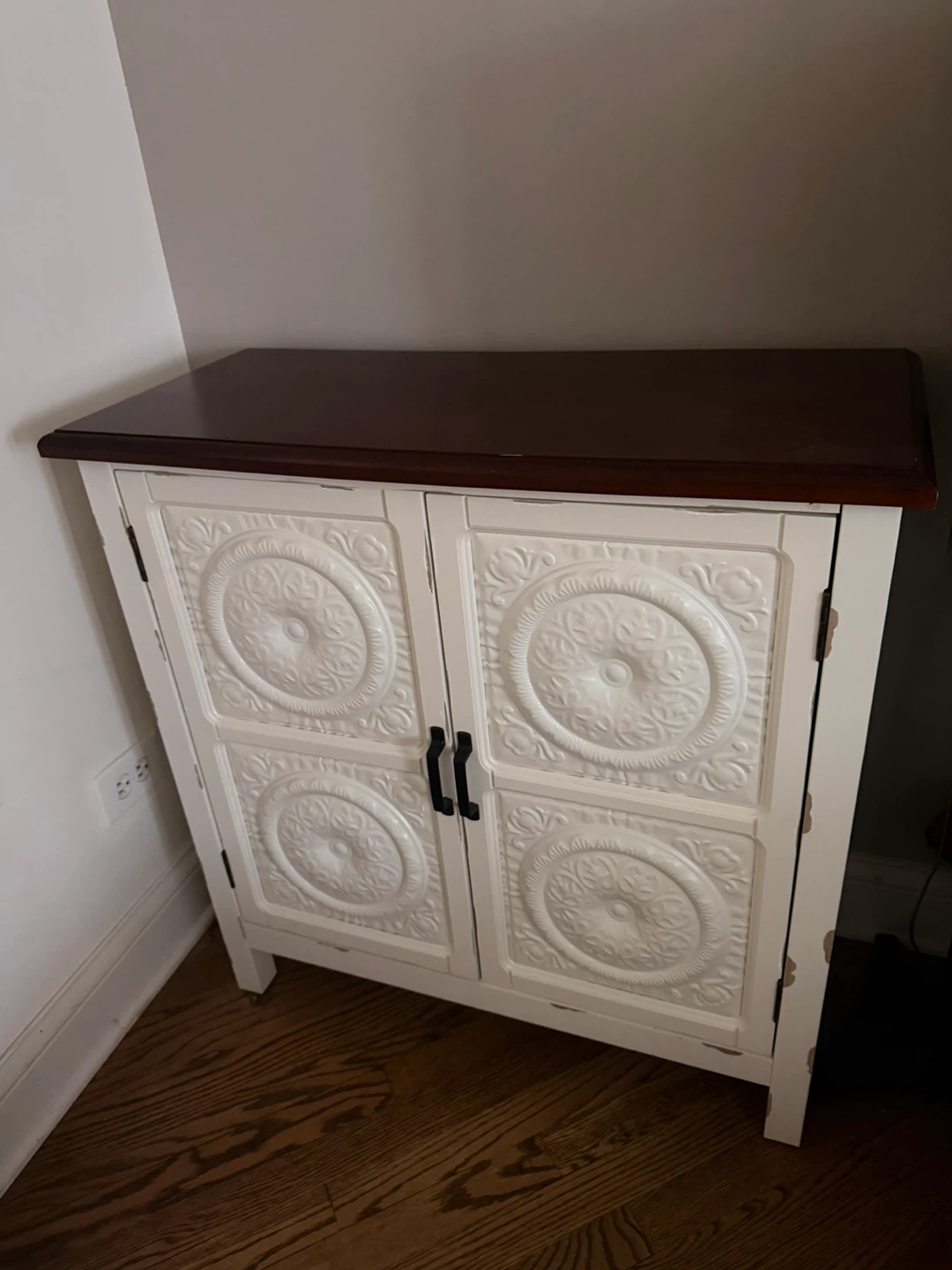 White Accent Cabinet with Dark Wood Top