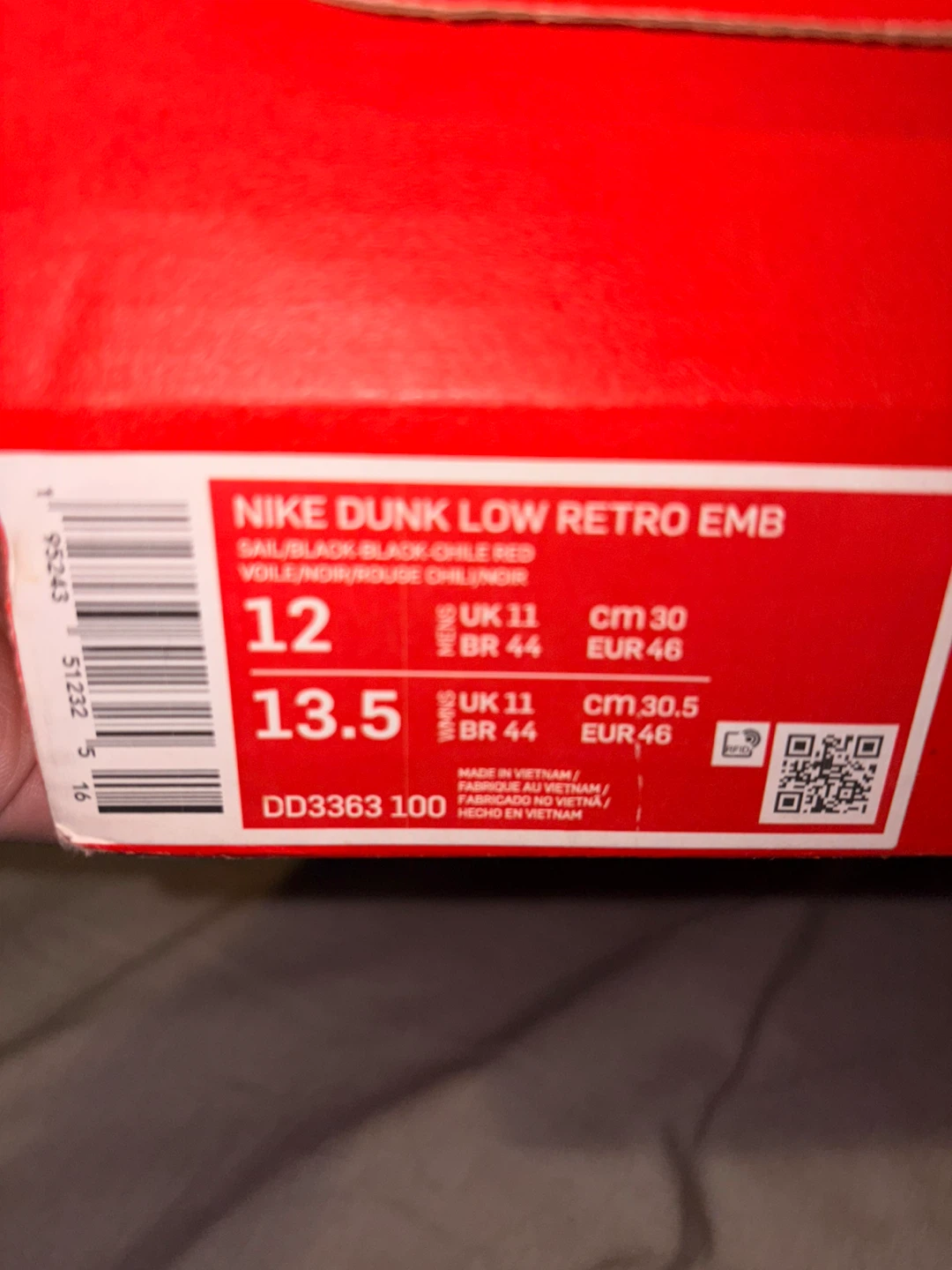 Nike Dunk Low Retro EMB Sail/Black/Chile Red, Size 12 - photo 5