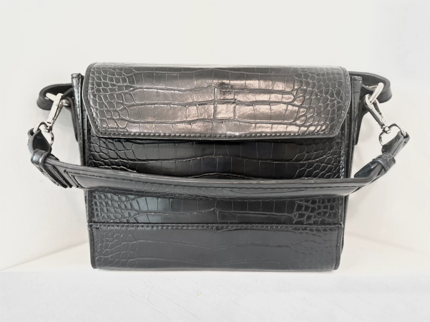 Zara Black Croc Embossed Crossbody Bag
