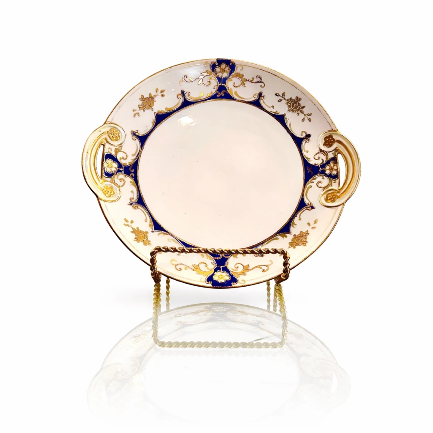 Antique Nippon-Era Hand-Painted Dish, Cobalt & Raised Gilt