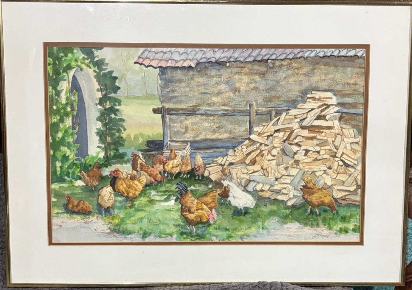 Framed Watercolour Painting - Chickens