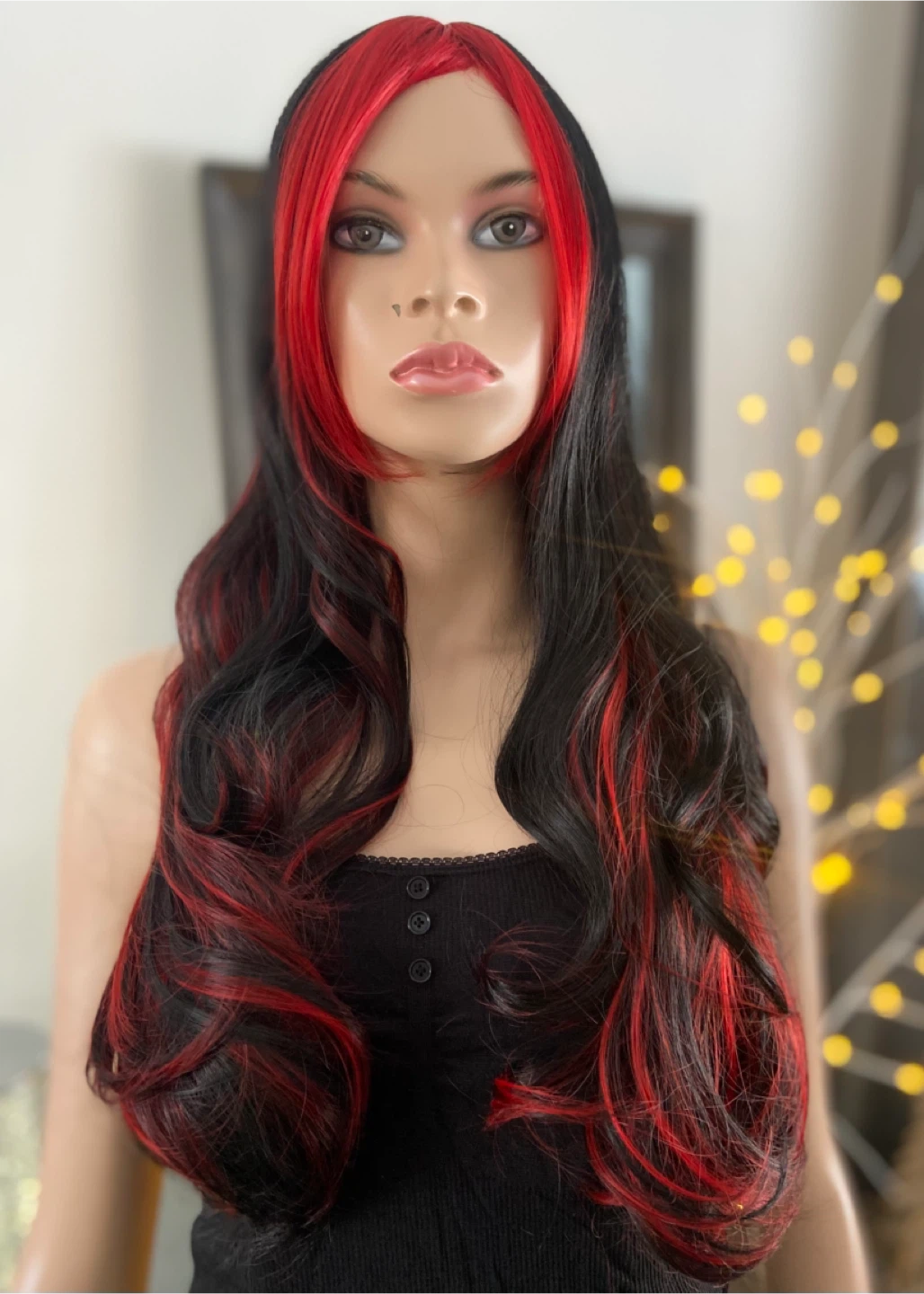 NWOT28” Long Wavy Black & Red Synthetic Wig w/ Bangs 2351 - photo 3