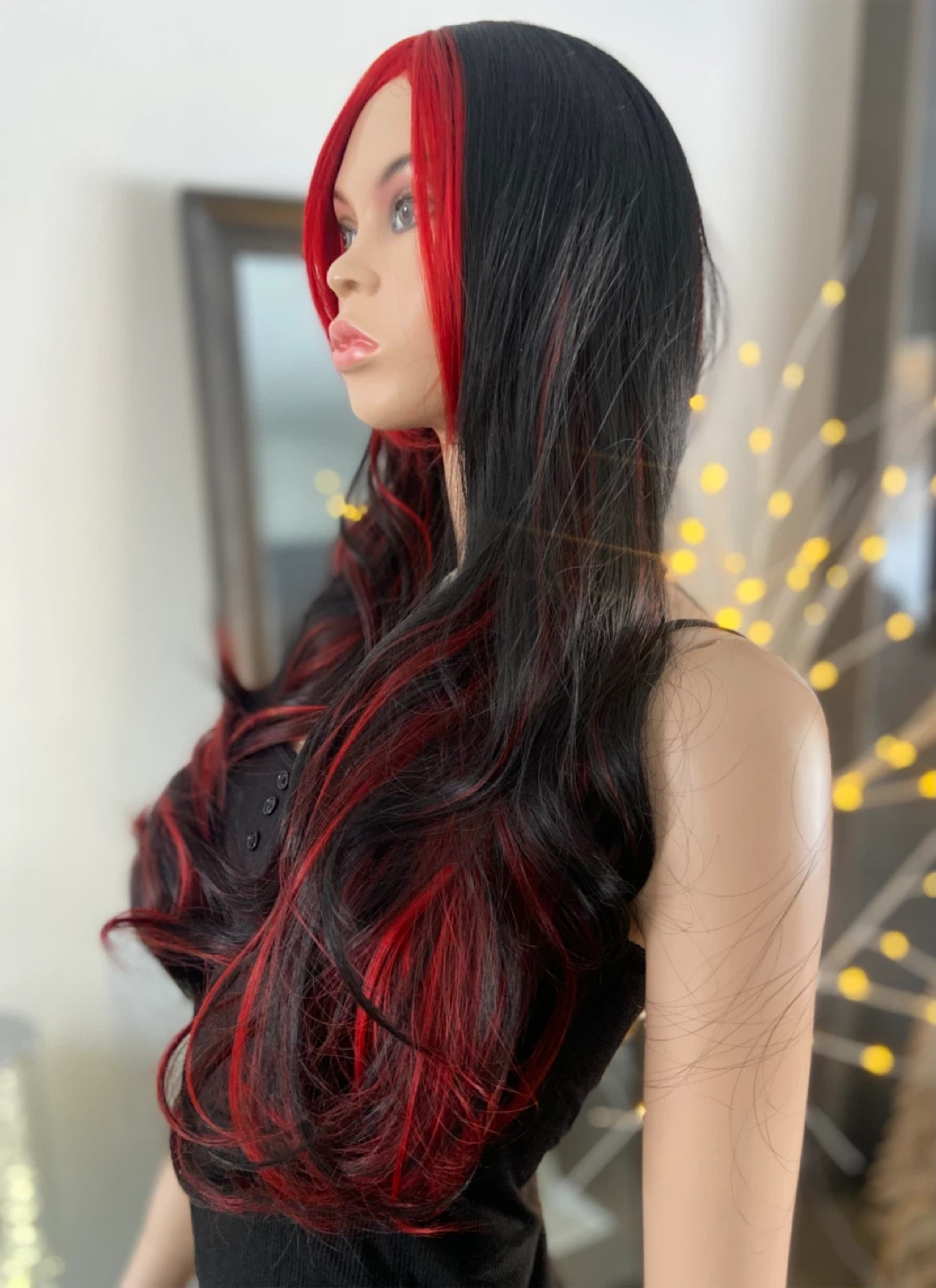 NWOT28” Long Wavy Black & Red Synthetic Wig w/ Bangs 2351 - photo 5