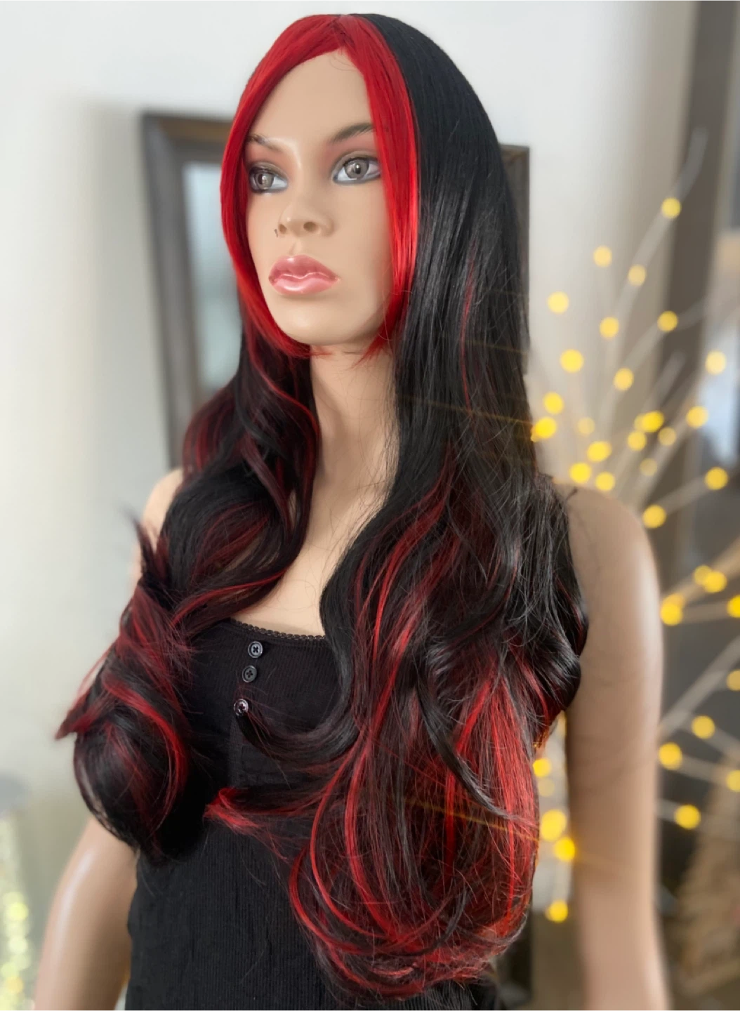 NWOT28” Long Wavy Black & Red Synthetic Wig w/ Bangs 2351 - photo 2