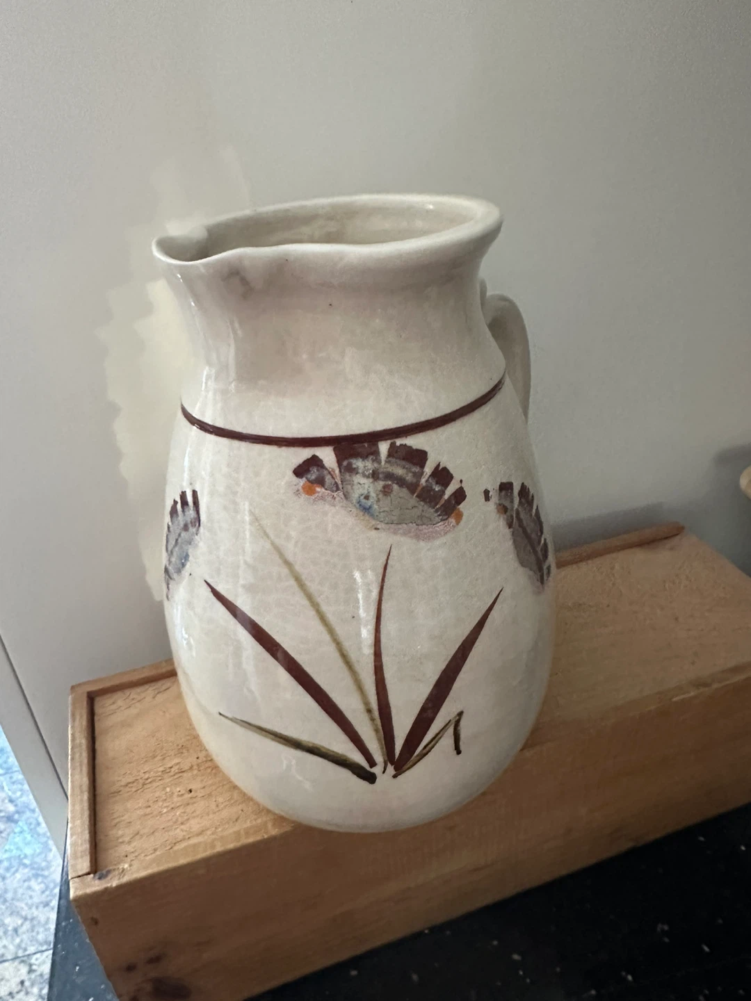 Vintage Beige Ceramic Pitcher with Floral Design