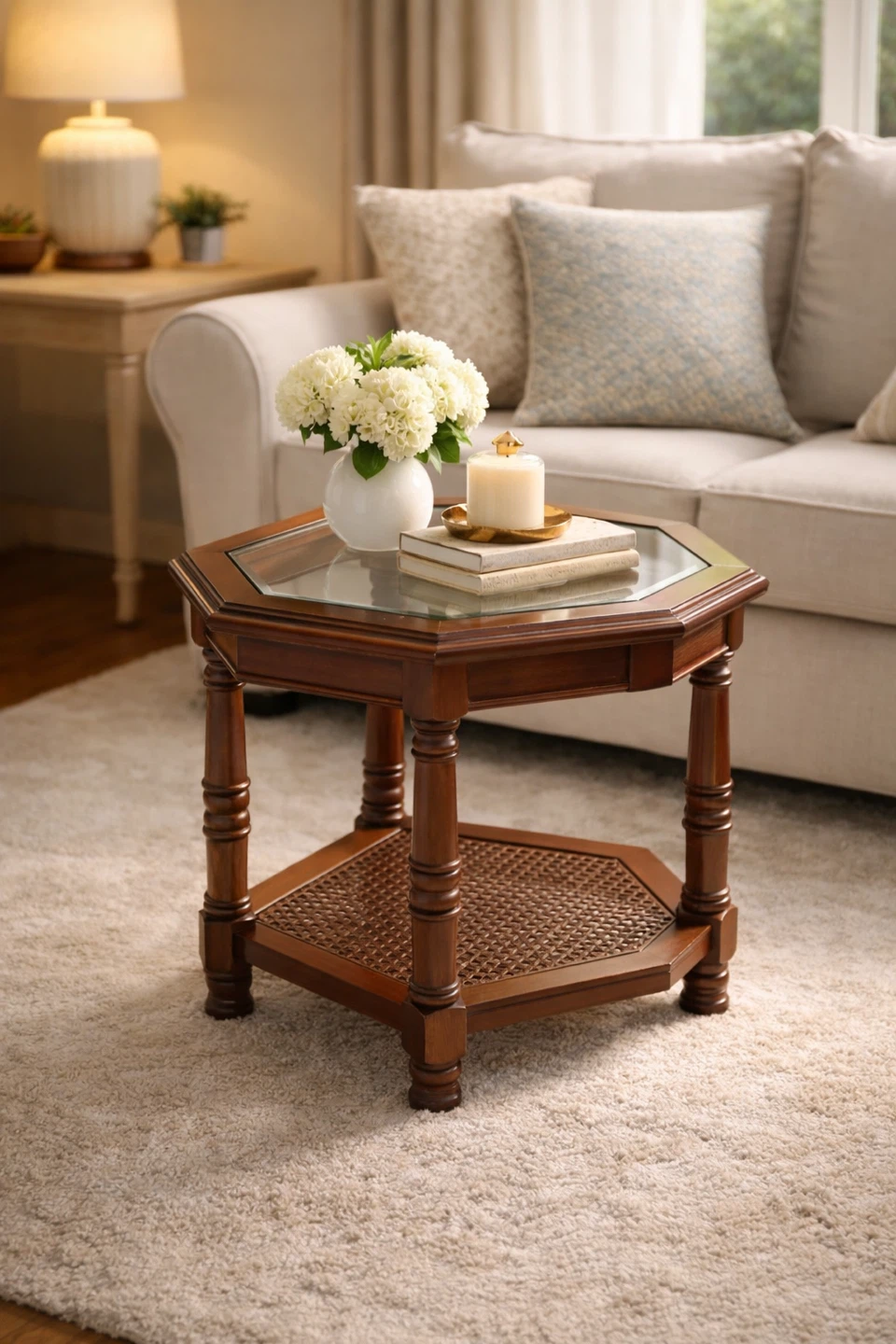 Wooden Octagon End Table with Glass Top
