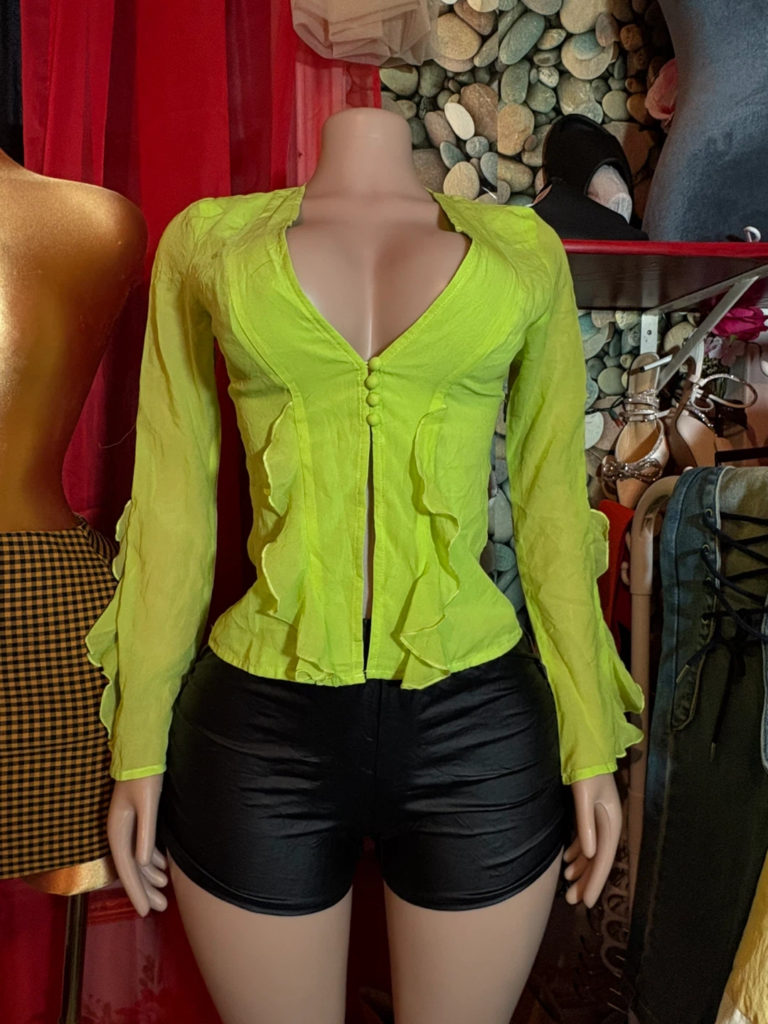 Green Sheer Ruffle Blouse
