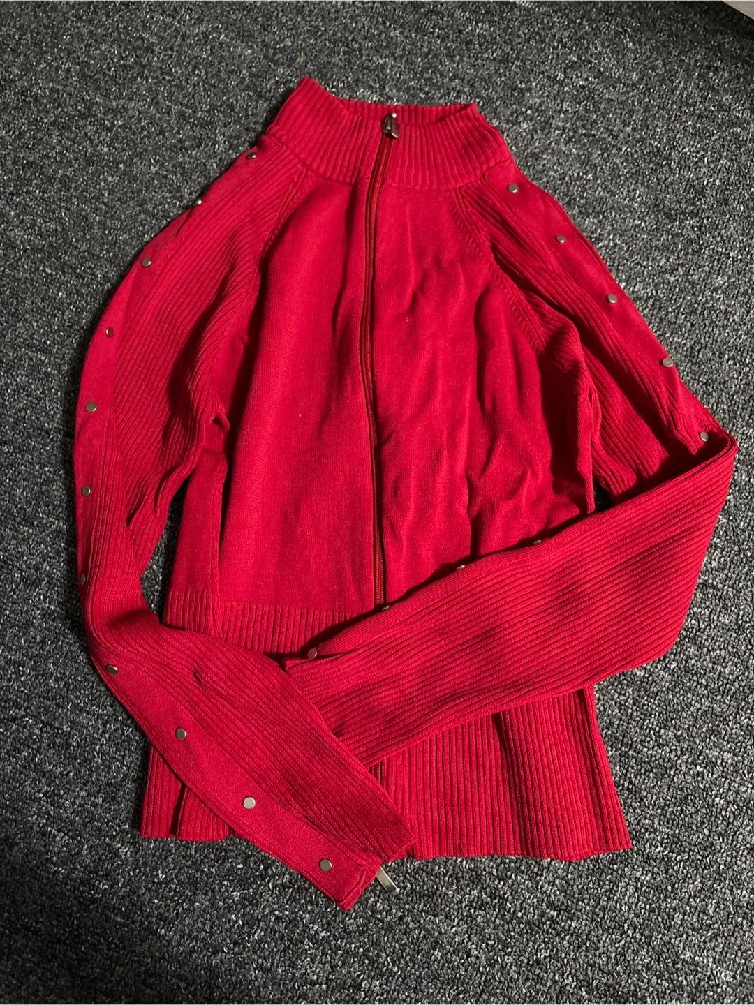 Red Knit Zip-Up Sweater