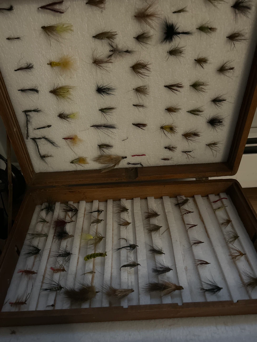 Fly Fishing Lures in Wooden Box