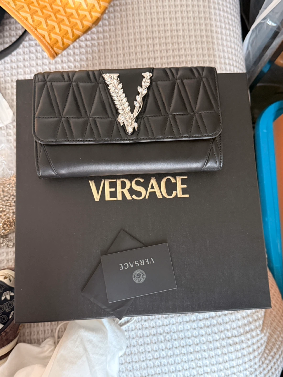 Versace Virtus Quilted Leather Chain Wallet - Black