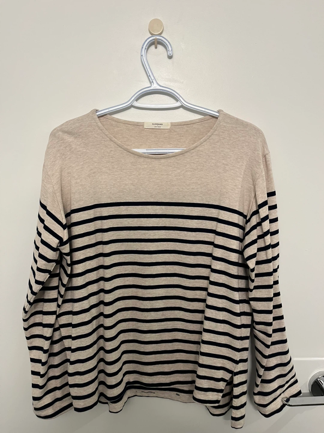 Striped long-sleeve top in beige and navy