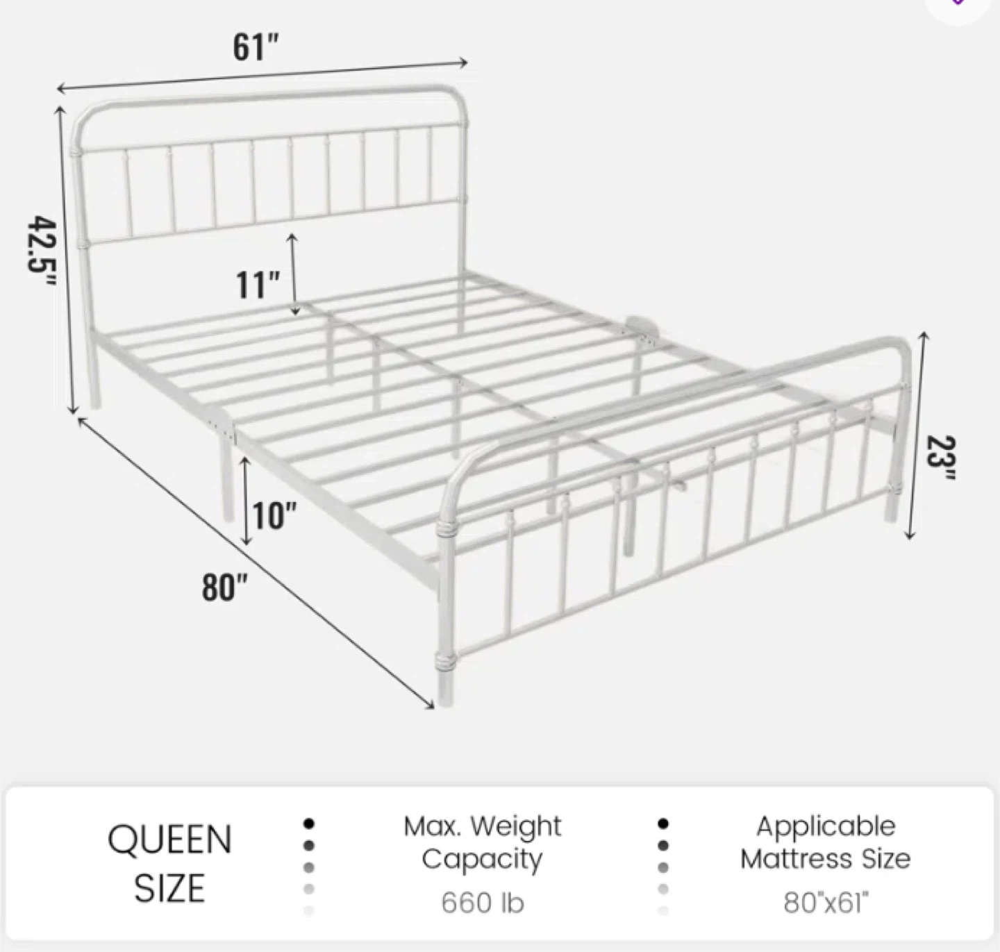 Queen Size White Metal Bed Frame - photo 3