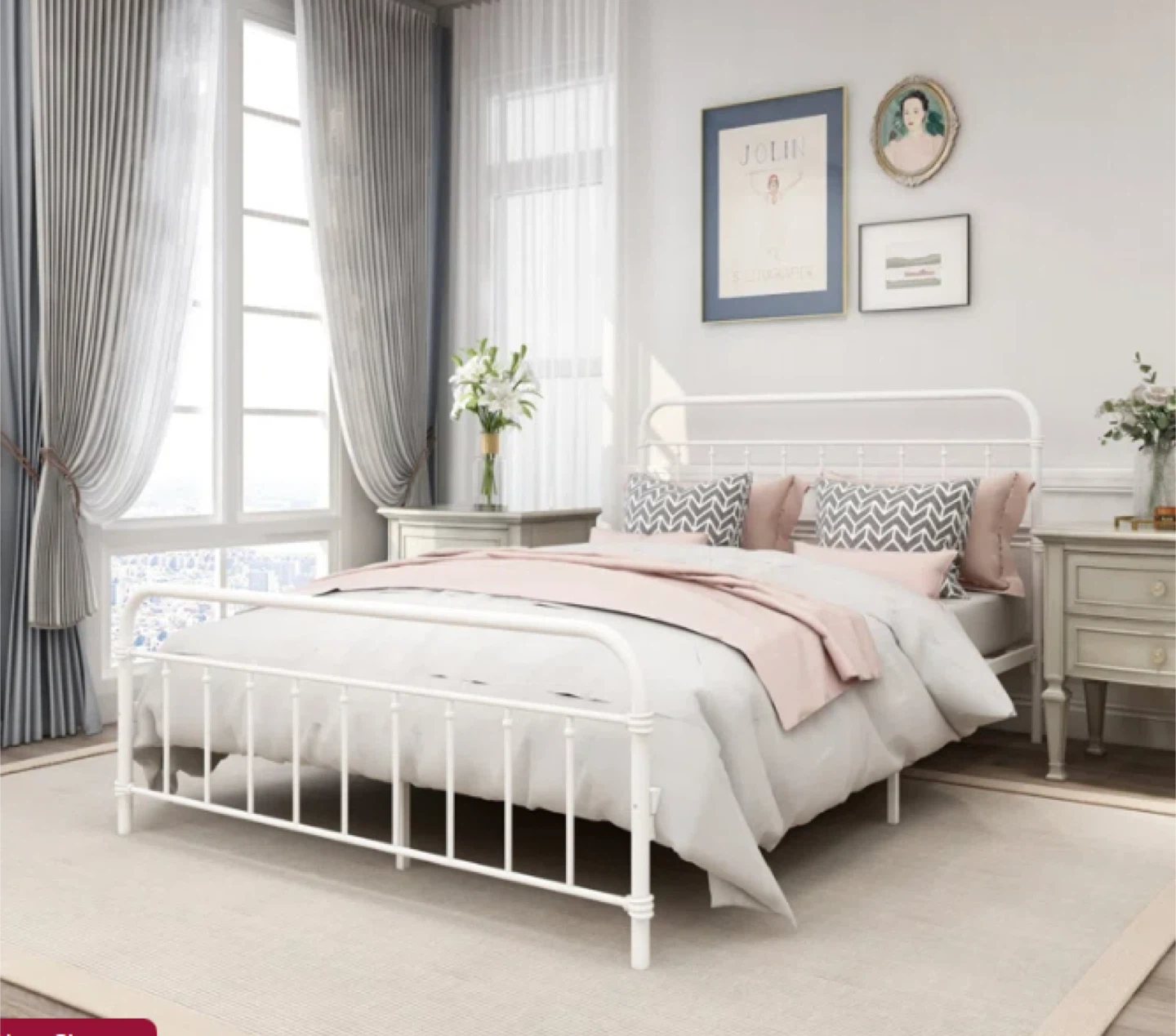 Queen Size White Metal Bed Frame