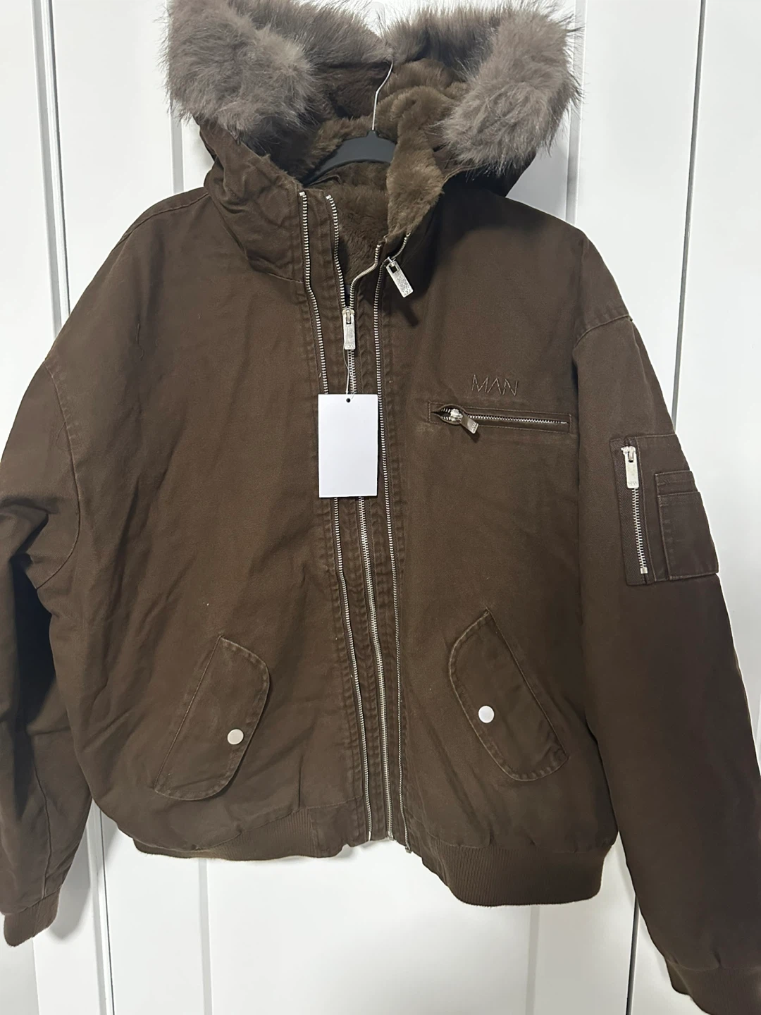 BoohooMAN Bomber Jacket with Fur Hood - Brown