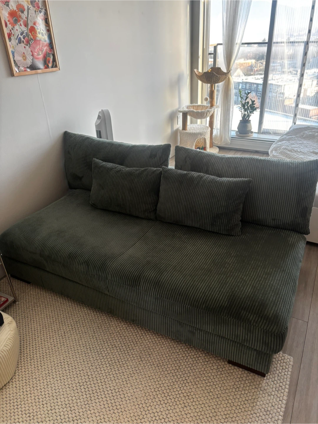Olive Green Corduroy Sofa with Cushions