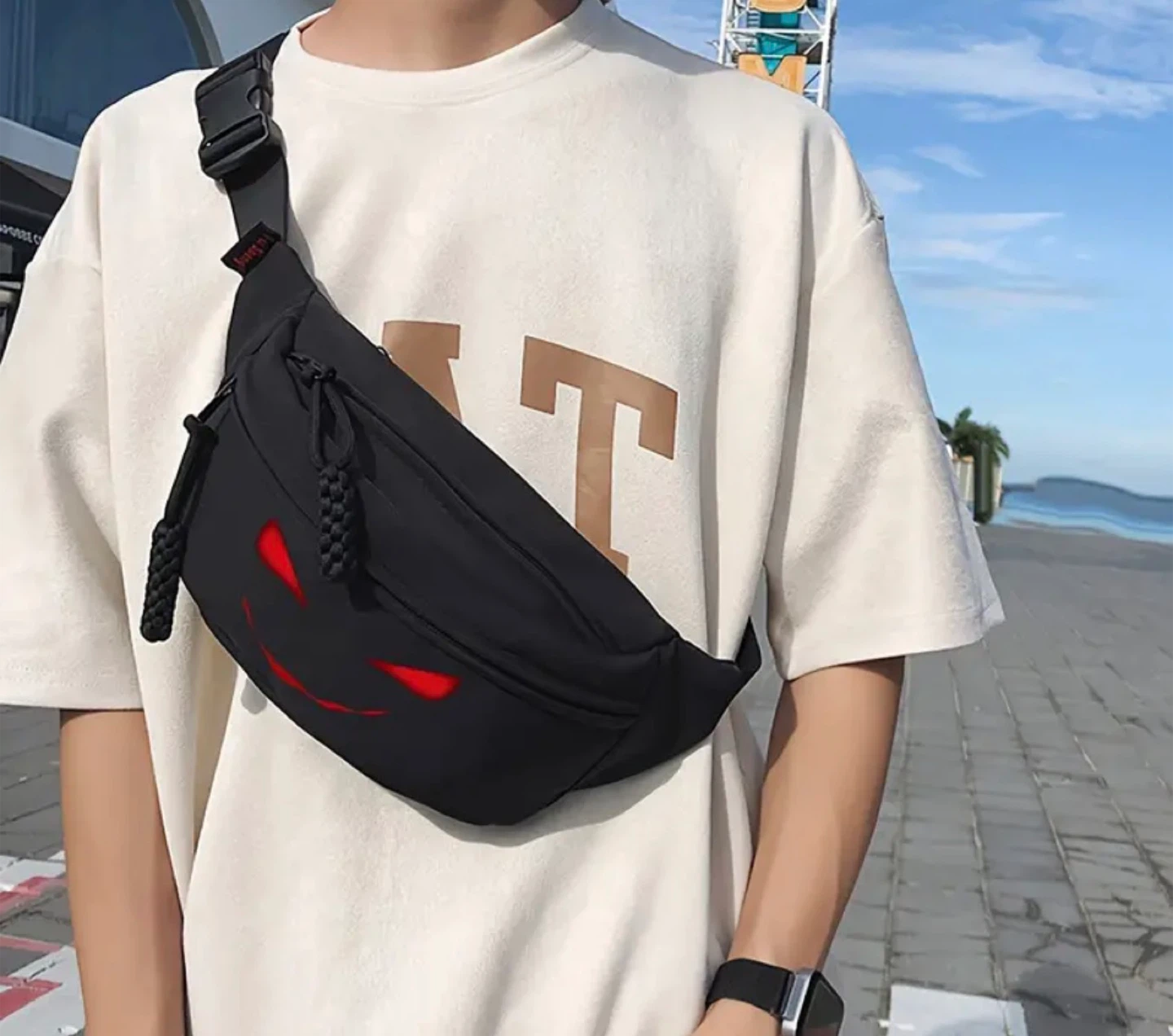 New ! Black Fanny Pack with Red Design