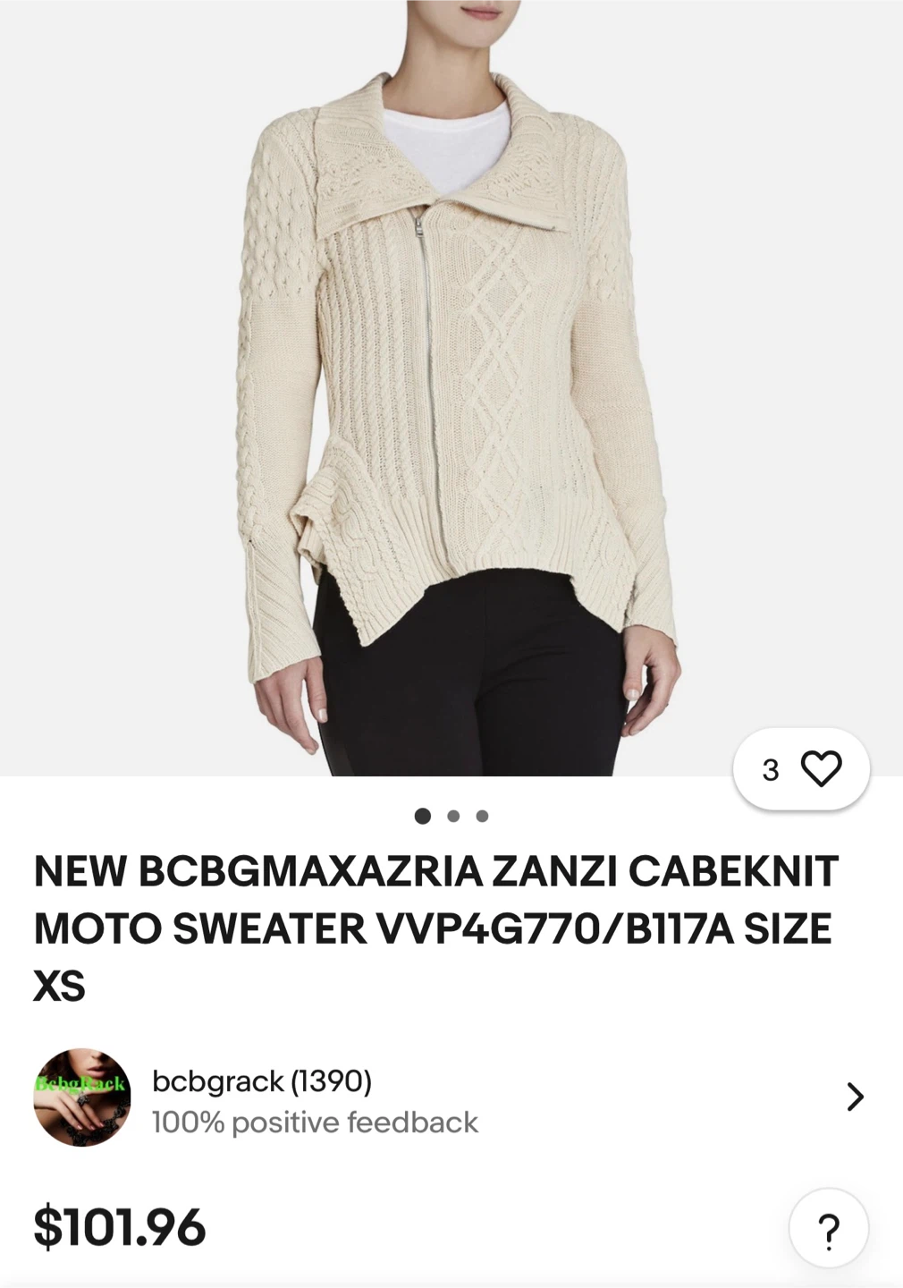 BCBGMAXAZRIA Zanzi Cable Knit Moto Sweater - Size M