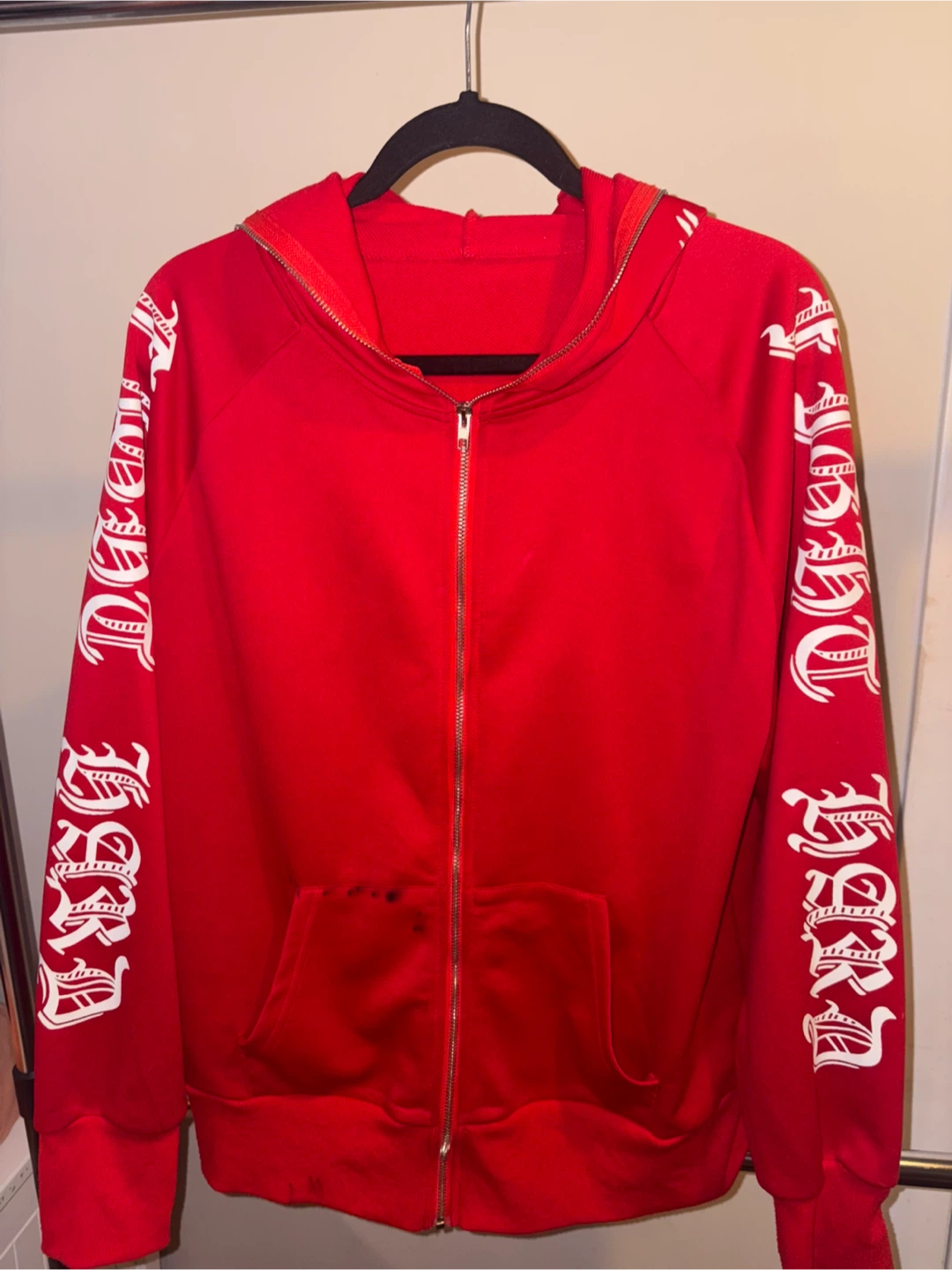 Red Zip Hoodie with Graphic Sleeves