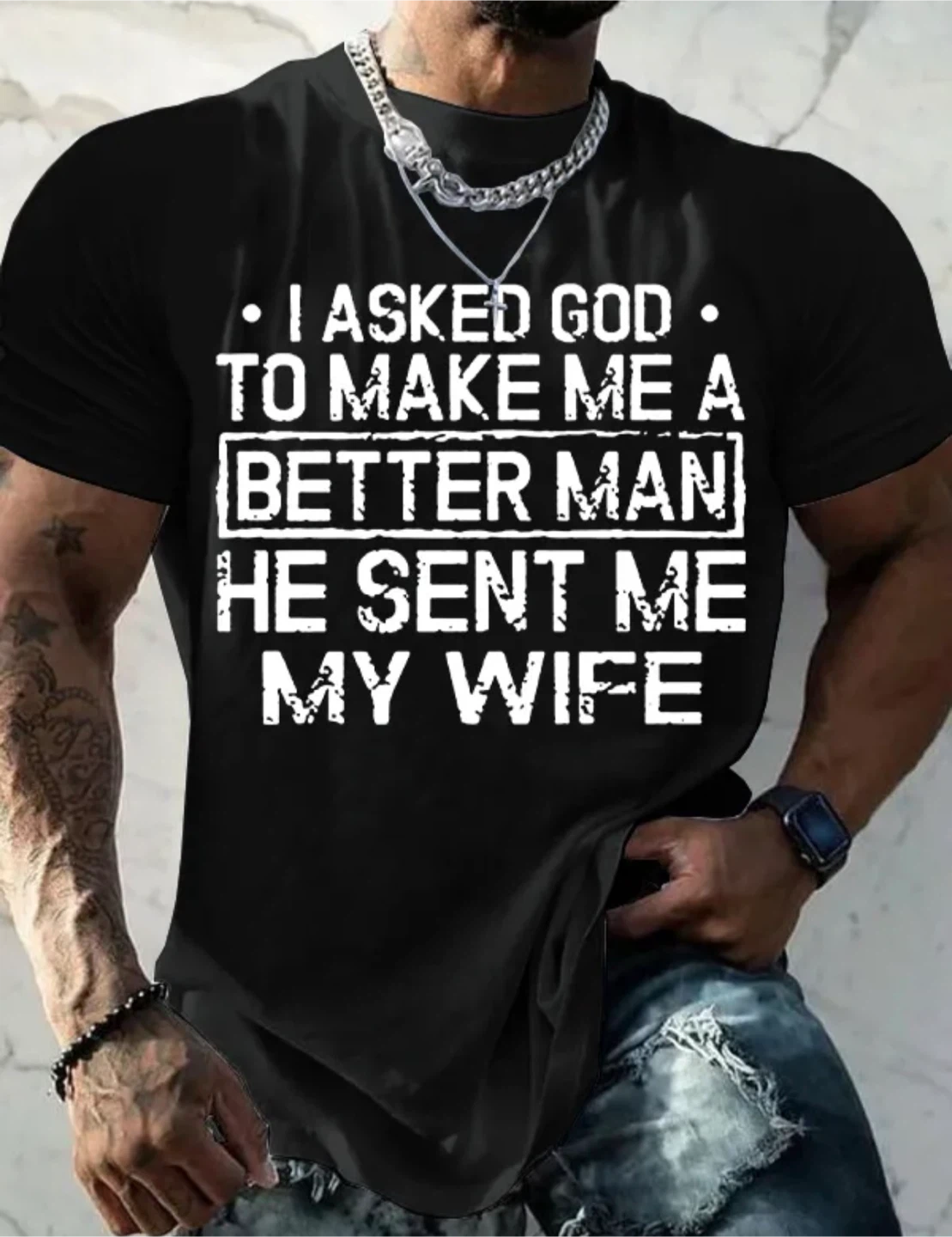 Black T-Shirt - 'I Asked God' - Size L