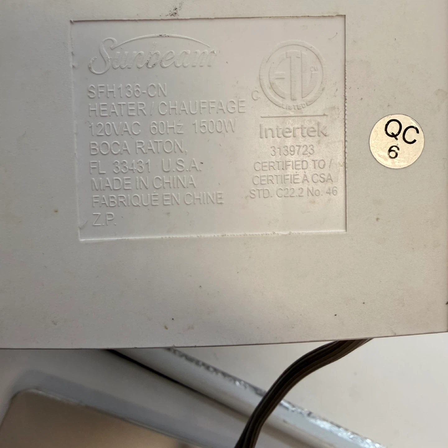 Sunbeam SFH136-CN Heater - photo 5