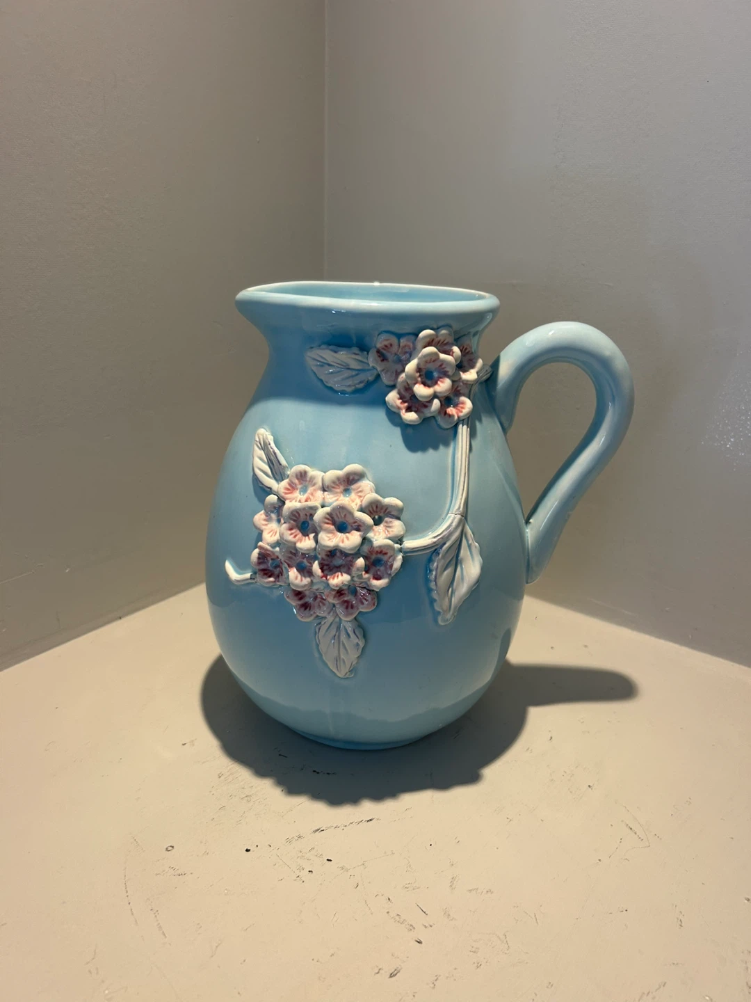 "Vintage Czech Hydrangea Pitcher - Blue Floral Pottery Vase"