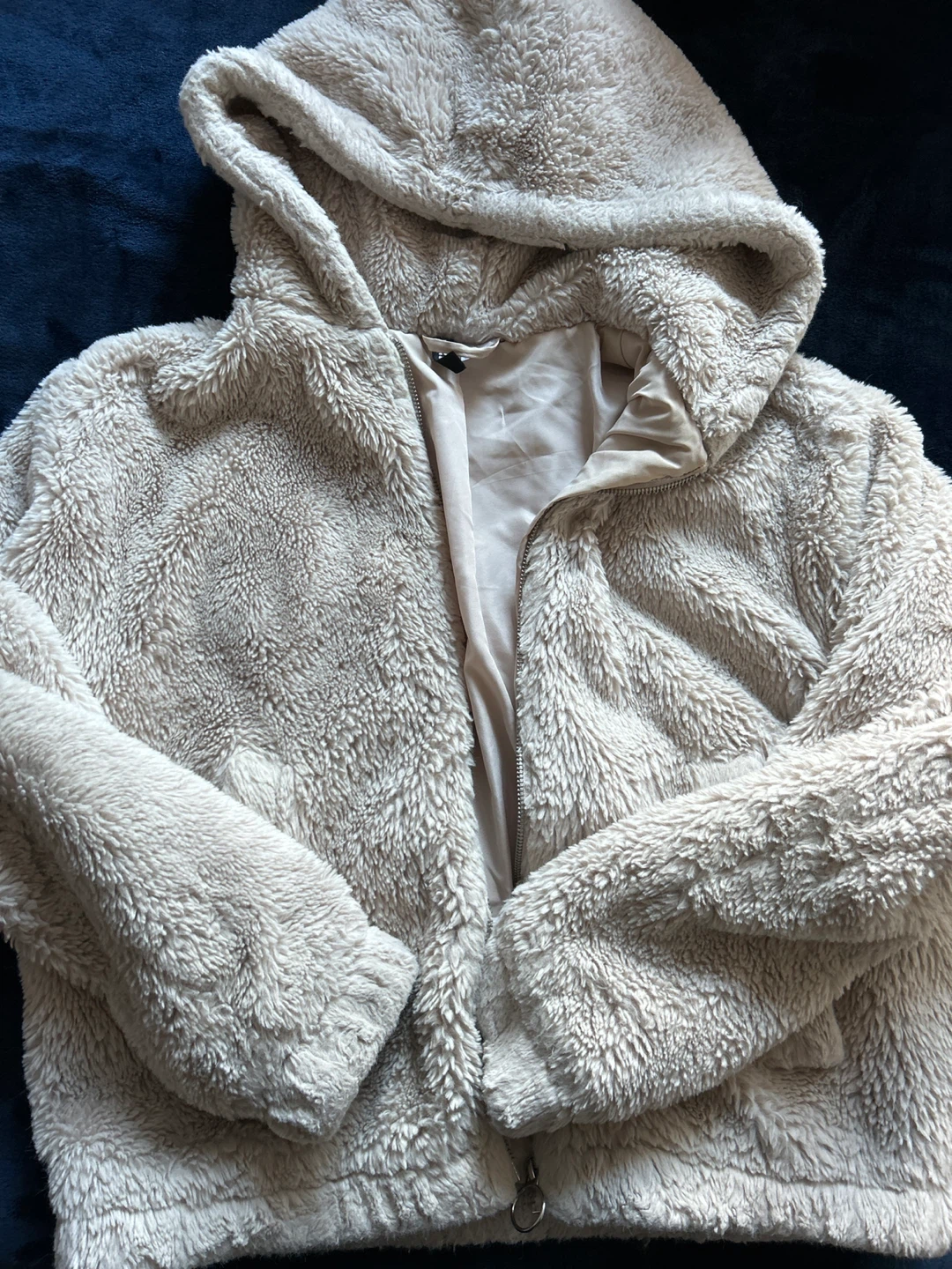 H&M Cream Fuzzy Hooded Jacket - Size M