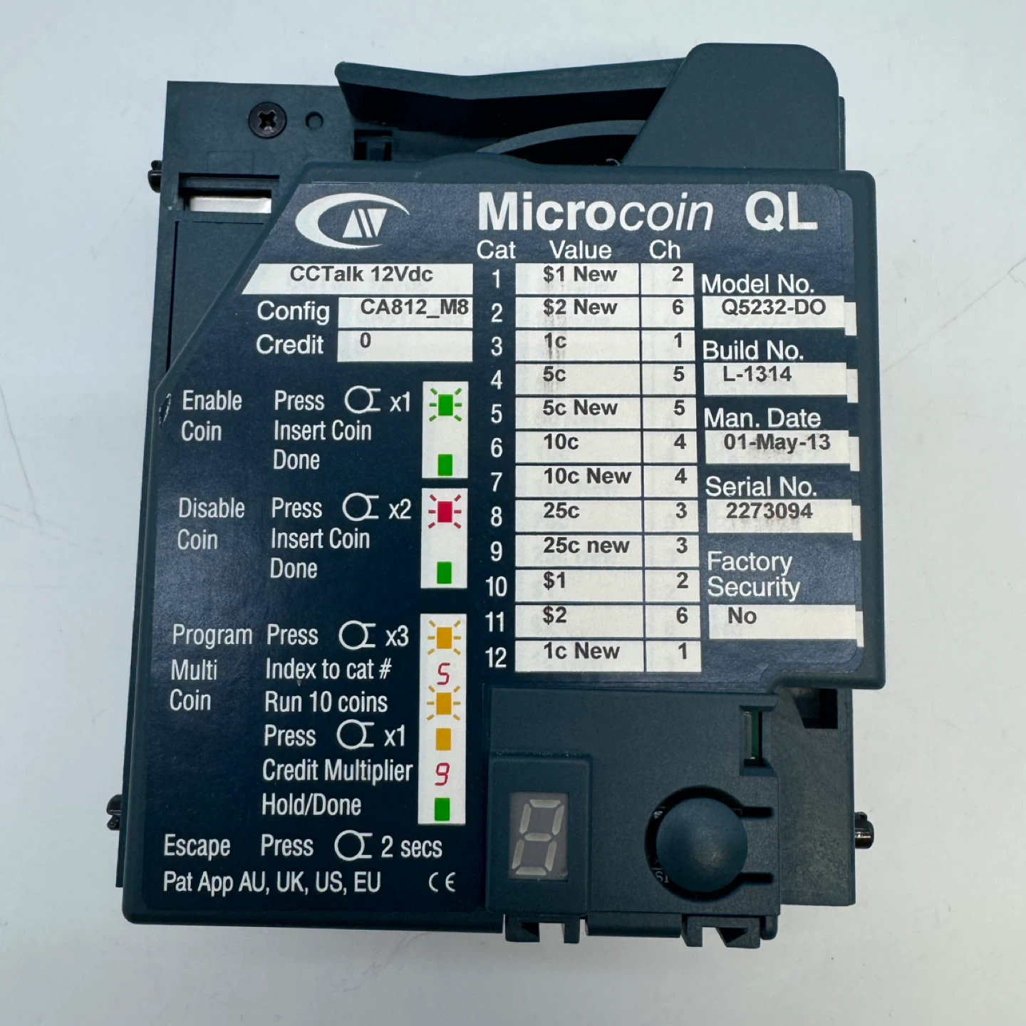 Microcoin QL Coin Validator Q5232-DO Top Entry Bottom  Like New