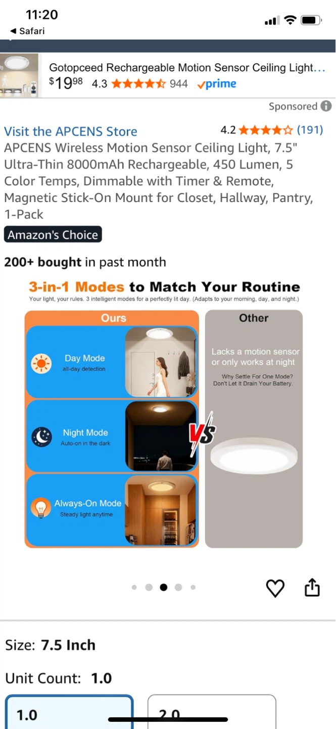 🥕 APCENS Wireless Motion Sensor Ceiling Light - 7.5 inch - photo 3