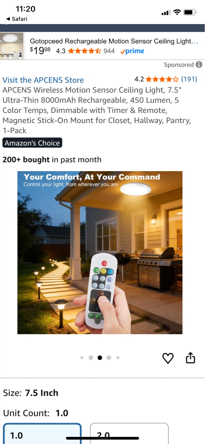 🥕 APCENS Wireless Motion Sensor Ceiling Light - 7.5 inch