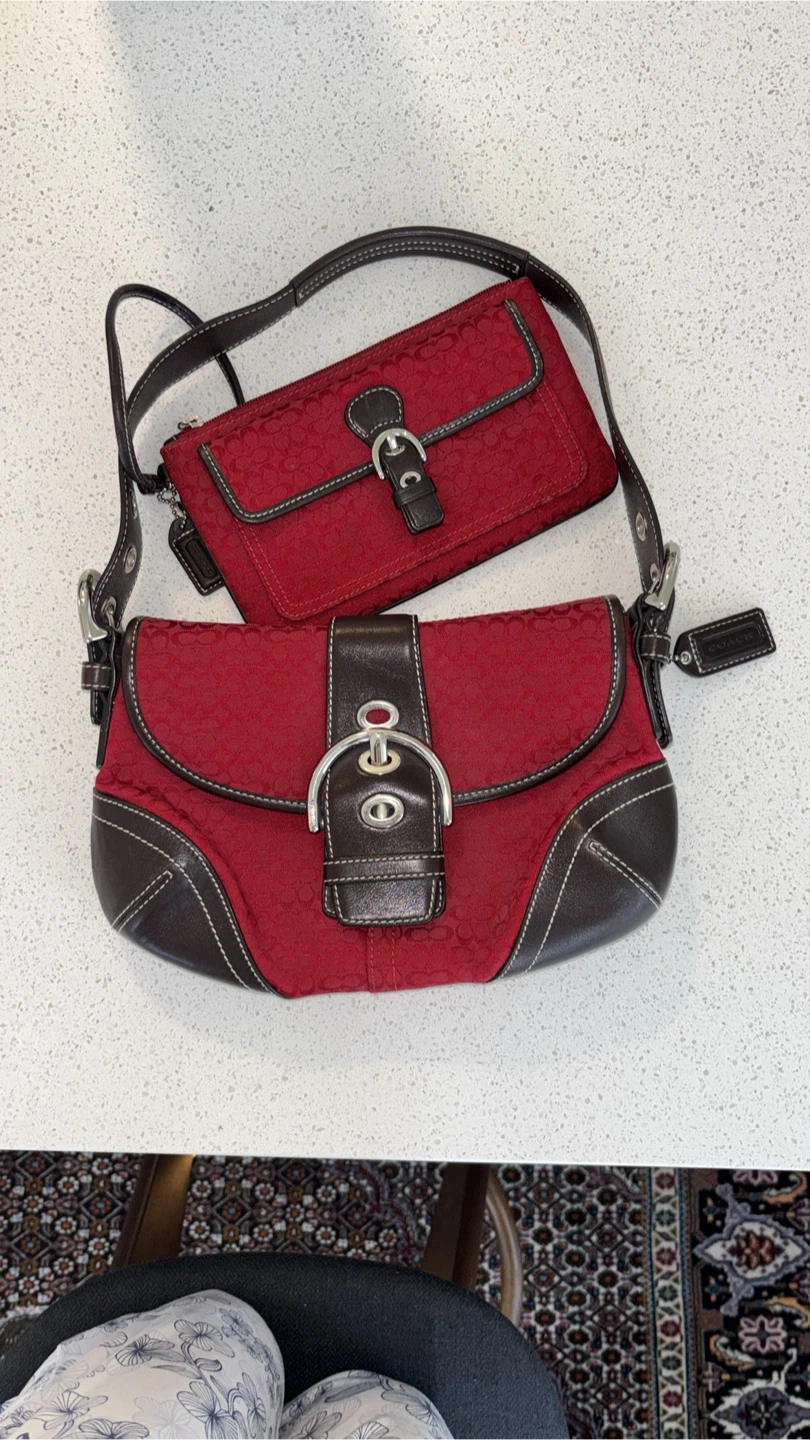Coach Red Signature Fabric Handbag & Wallet