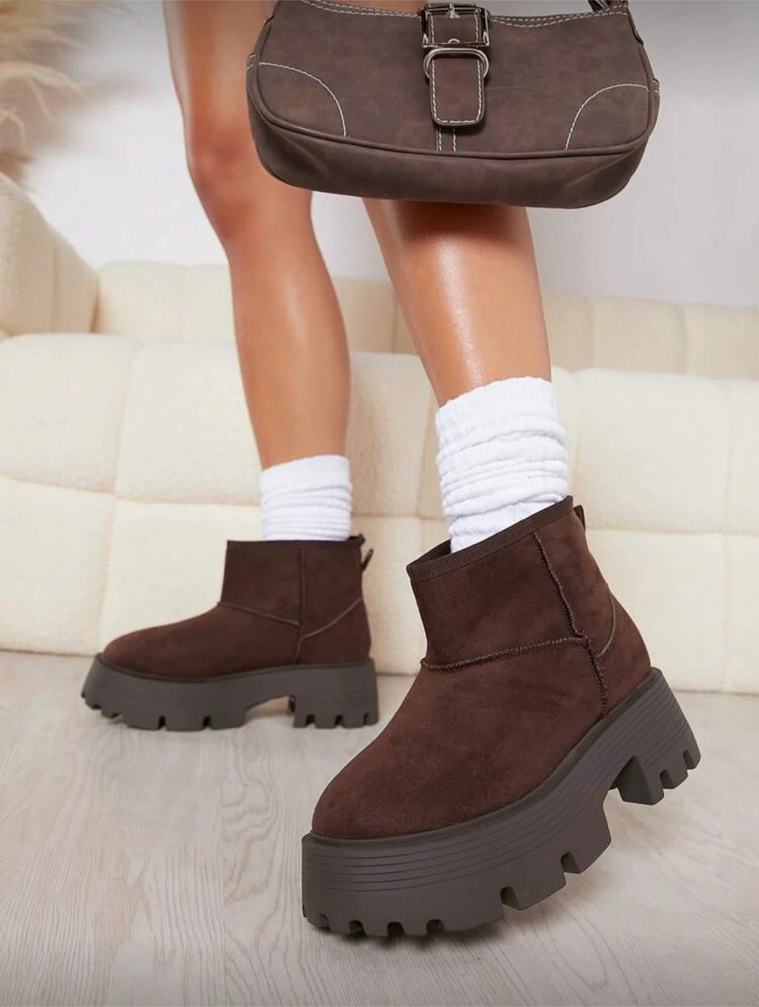 Faux Suede Slip On Lug Sole Boots Brown Platform Ankle Boots - photo 2