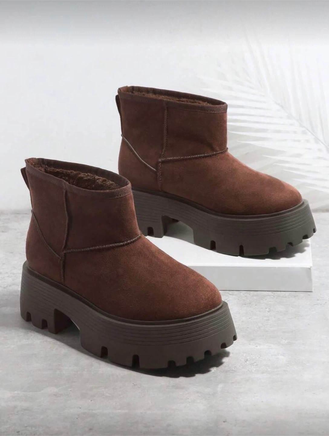 Faux Suede Slip On Lug Sole Boots Brown Platform Ankle Boots