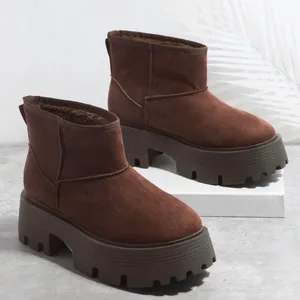 Faux Suede Slip On Lug Sole Boots Brown Platform Ankle Boots