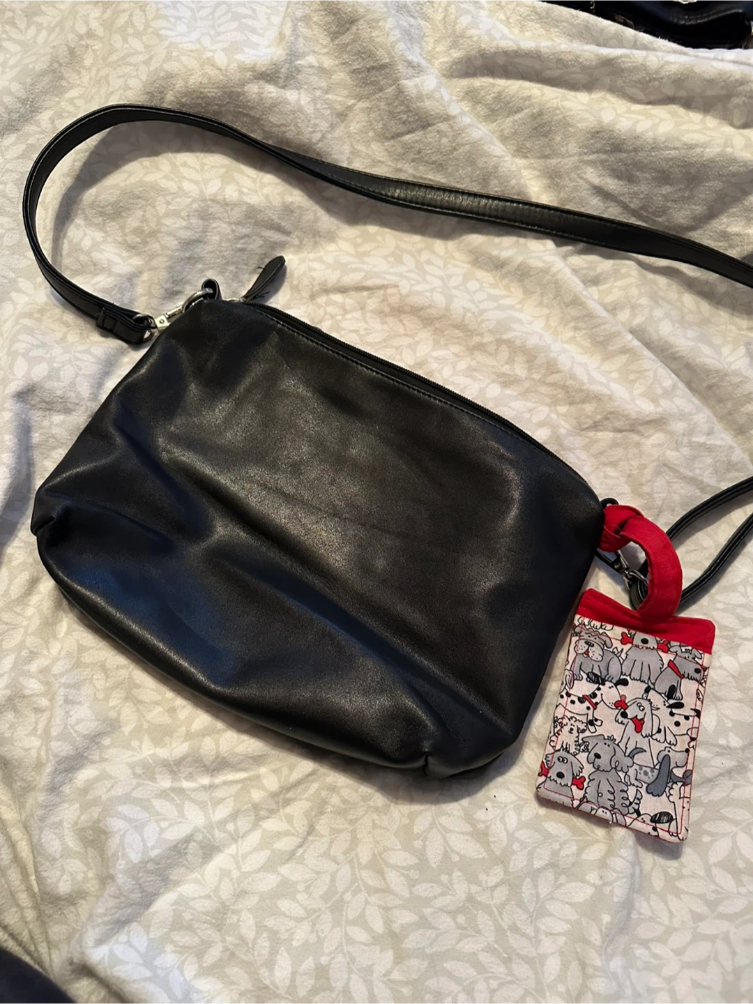 Black Crossbody Bag with Dog Print Pouch