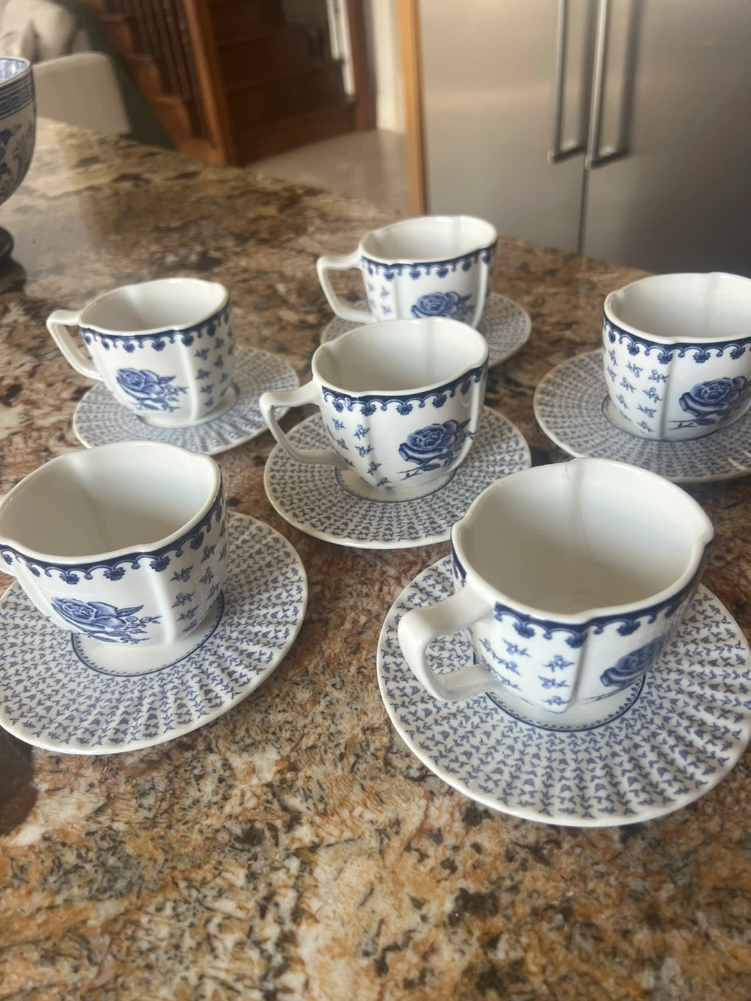 Blue & White Tea Cups with Saucers (6)