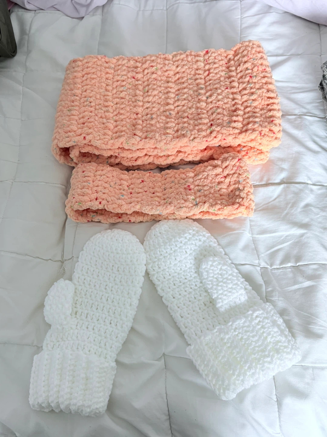 Handmade Scarf & Mitten Set -Peach & White